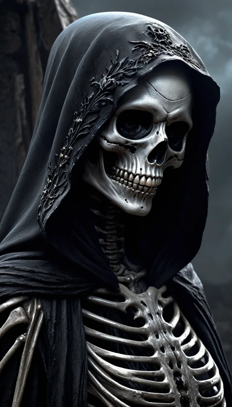 (realistic), (dark fantasy), Horror, dark and doomy, post-apocaliptic world, beautiful but scary womans skeleton as dark and moody black grim reaper, pointing with to viewer, detailed, detailed face of reaper, detailed, digital-painting, 