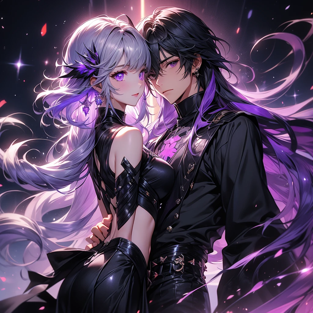 c0upl3、yinji、、Purple Eyes、Long Hair、Twin braids、Purple Hair、Multicolored Hair、Elbow Handbags、bangs、Very long hair、Bare shoulders、Black Skirt、Gray Hair、dress、smile、Side cut-outs、Covered navel、Side cut-outs、下から赤い🔥につつまれているようなオーラ、A handsome man holds her from behind、Studded with purple sapphires、