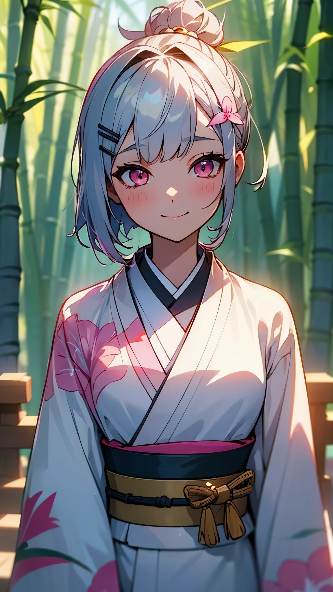 highest quality、One Girl、Silver and bob short hairstyle、Tie your hair up with a hair clip、Pink Eyes、smile、Blurred Background、斑点模様のsunlight、flower、髪のflower、hair ornaments、kimono、Bamboo Leaves、Bamboo Leaves、Outdoor、 alone、sunlight、Upper Body