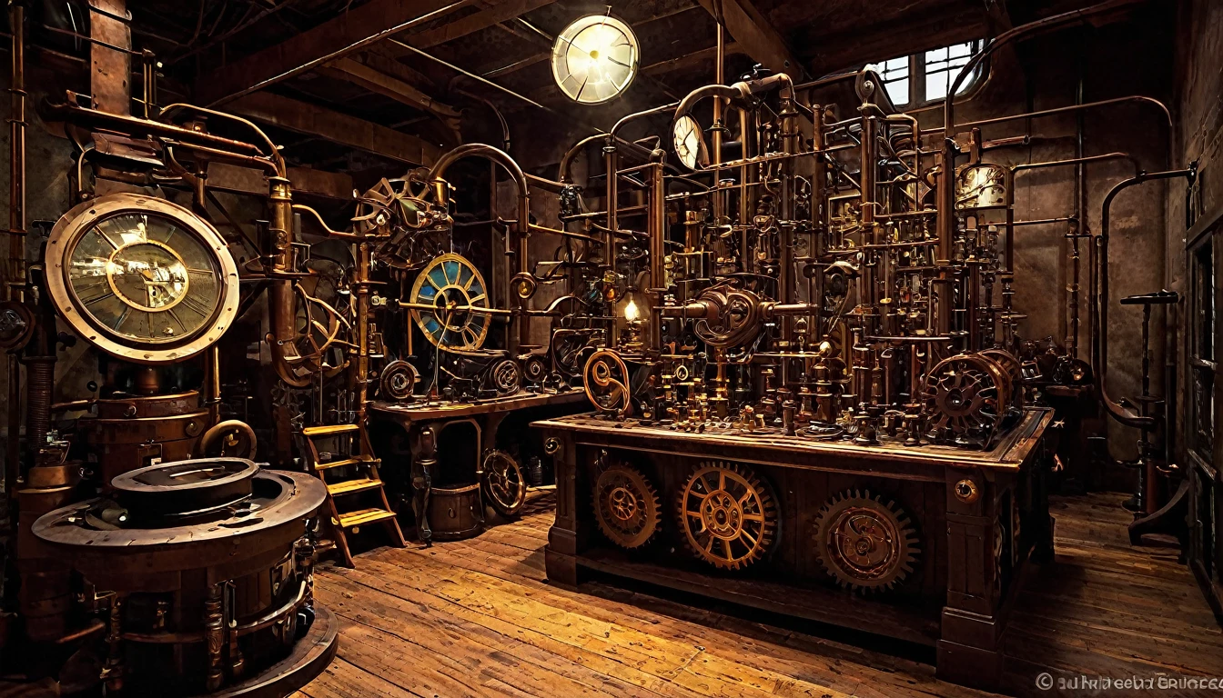 "Interior of a steampunk laboratory with gears and machines"