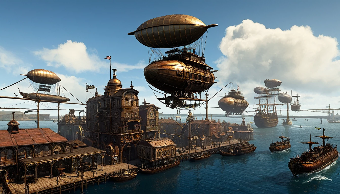 "Steampunk port with airships docking"