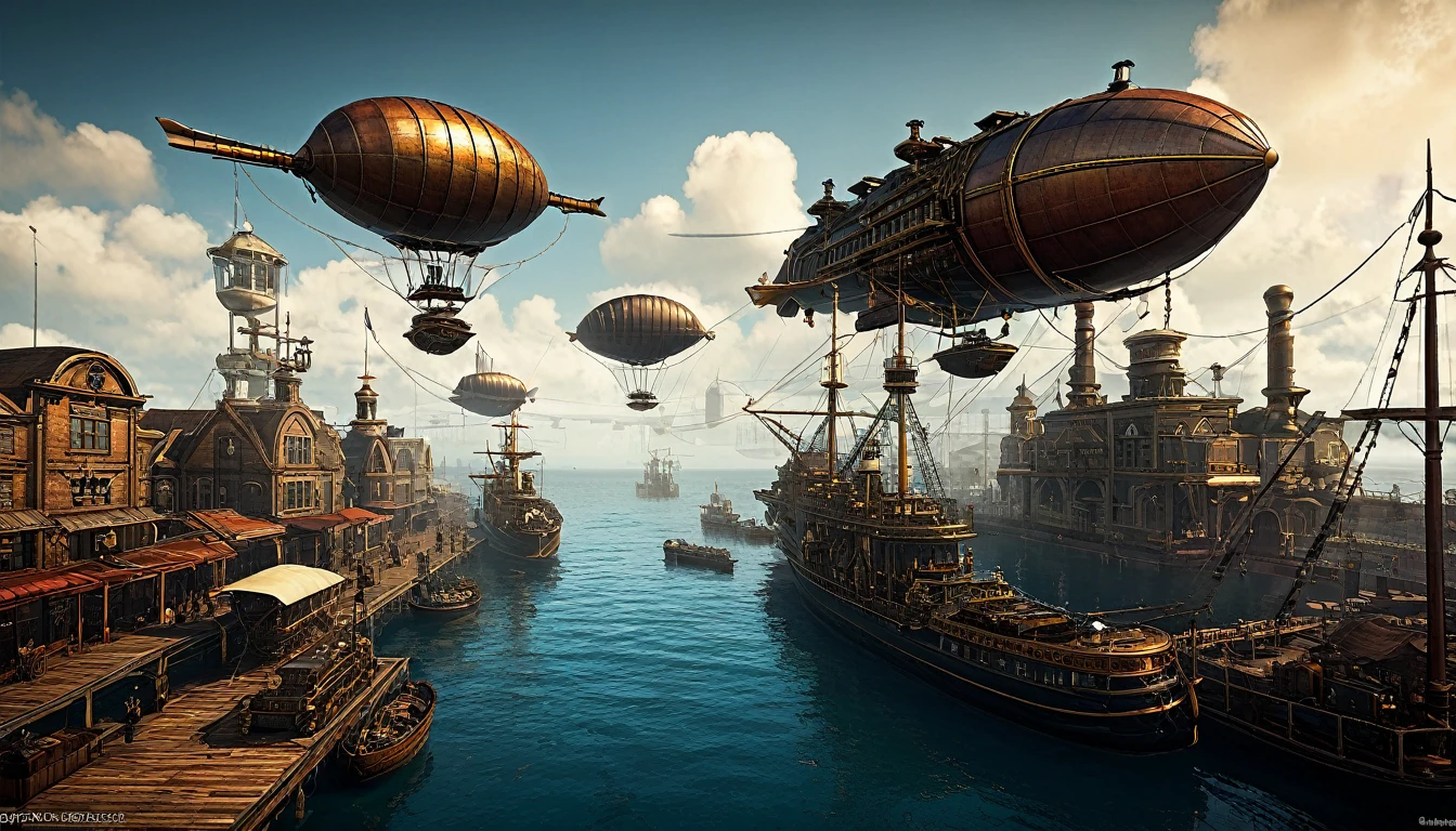 "Steampunk port with airships docking"