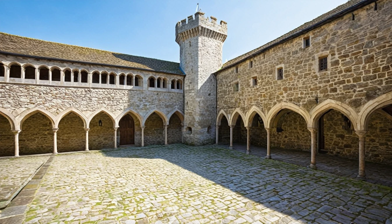 "Medieval castle courtyard with stone walls"