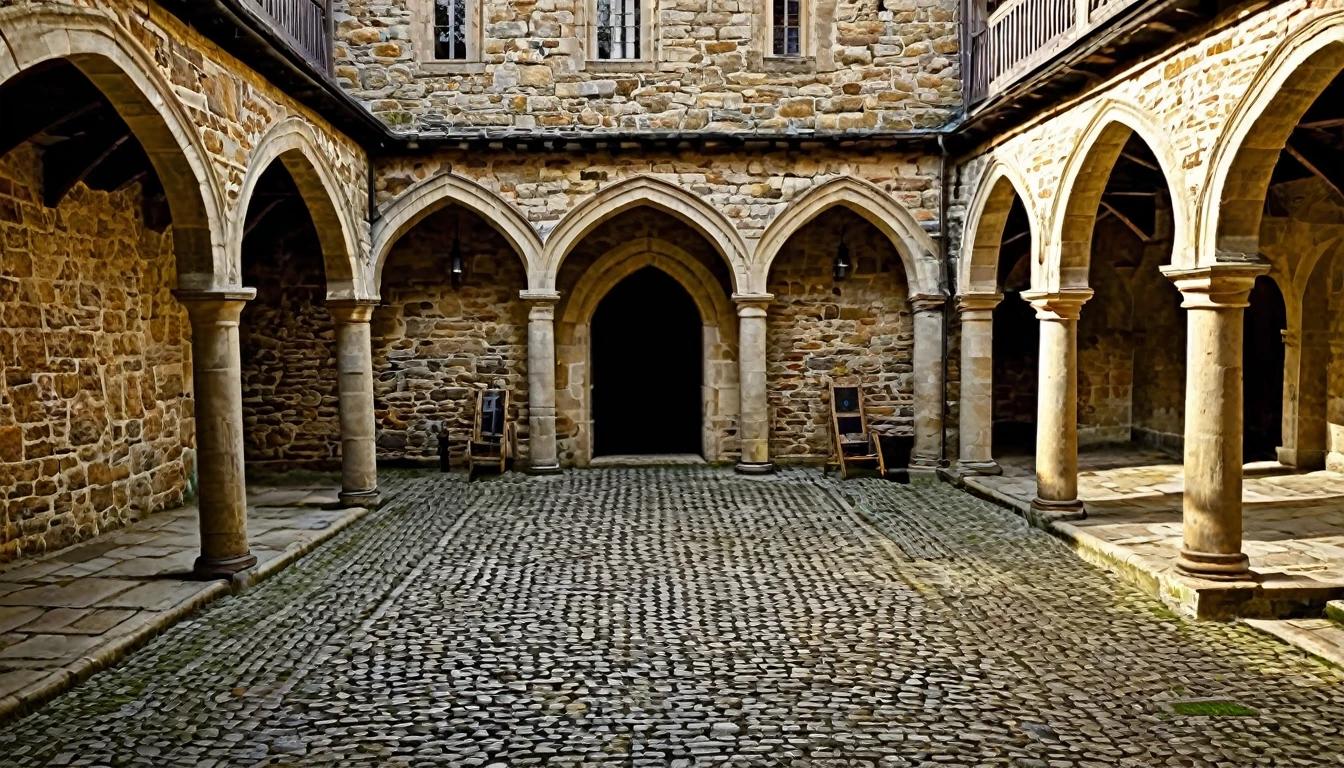 "Medieval castle courtyard with stone walls"