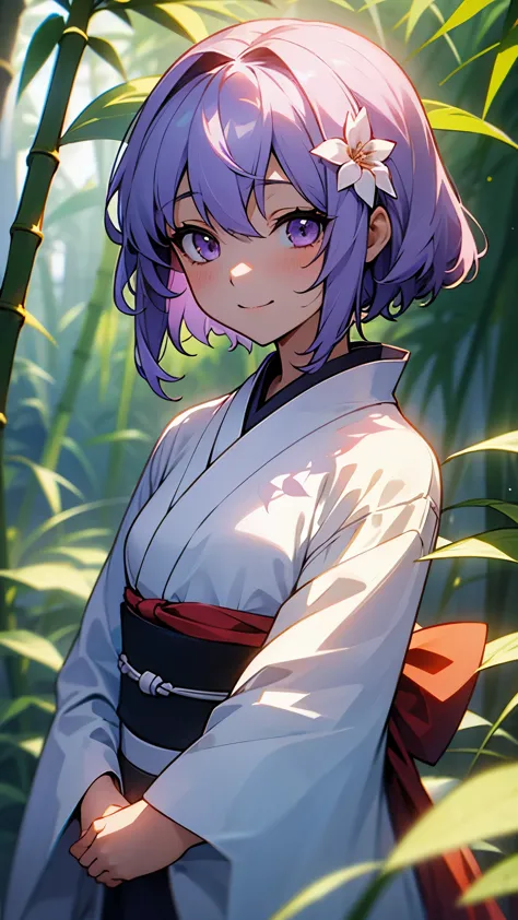 highest quality、one girl、yuitsuki yukari、18-year-old、light purple hair、short hair、hair between the eyes、smile、blurred background...