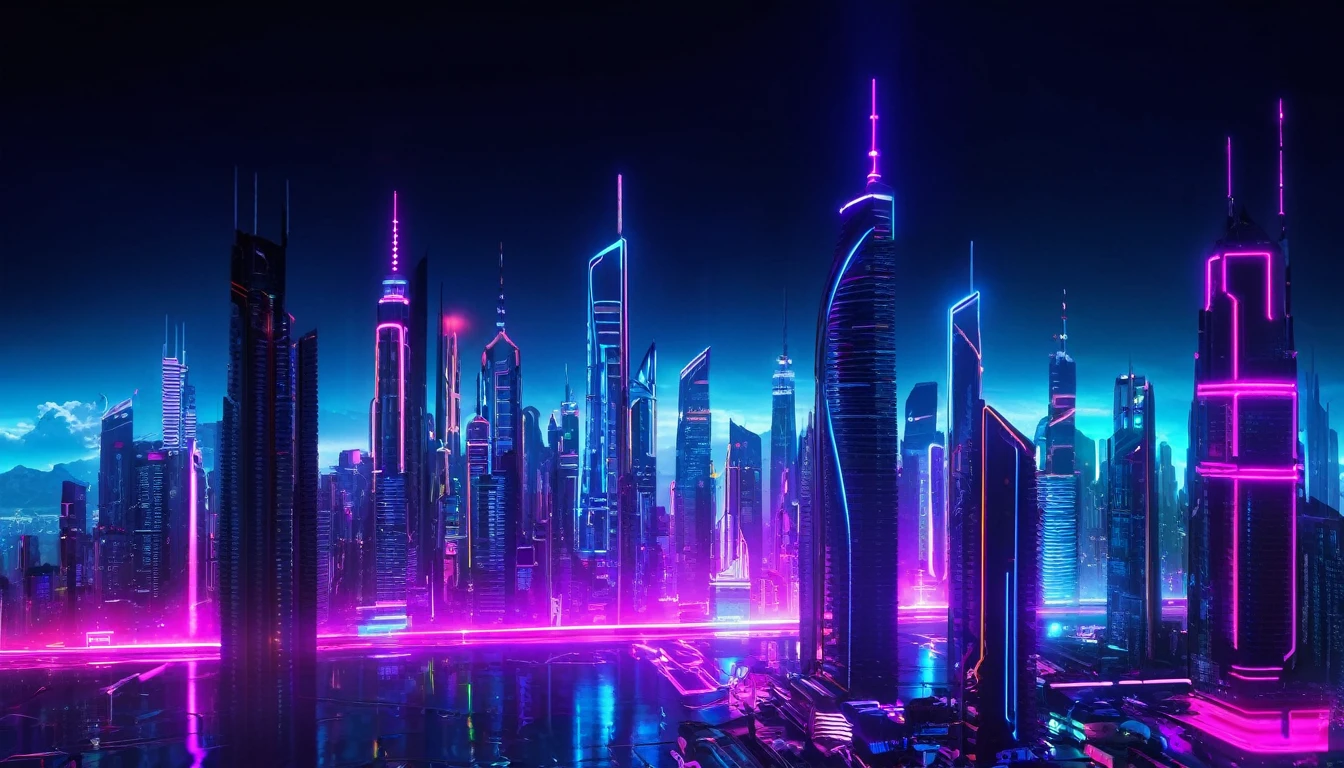 "Futuristic cityscape with neon lights and skyscrapers"