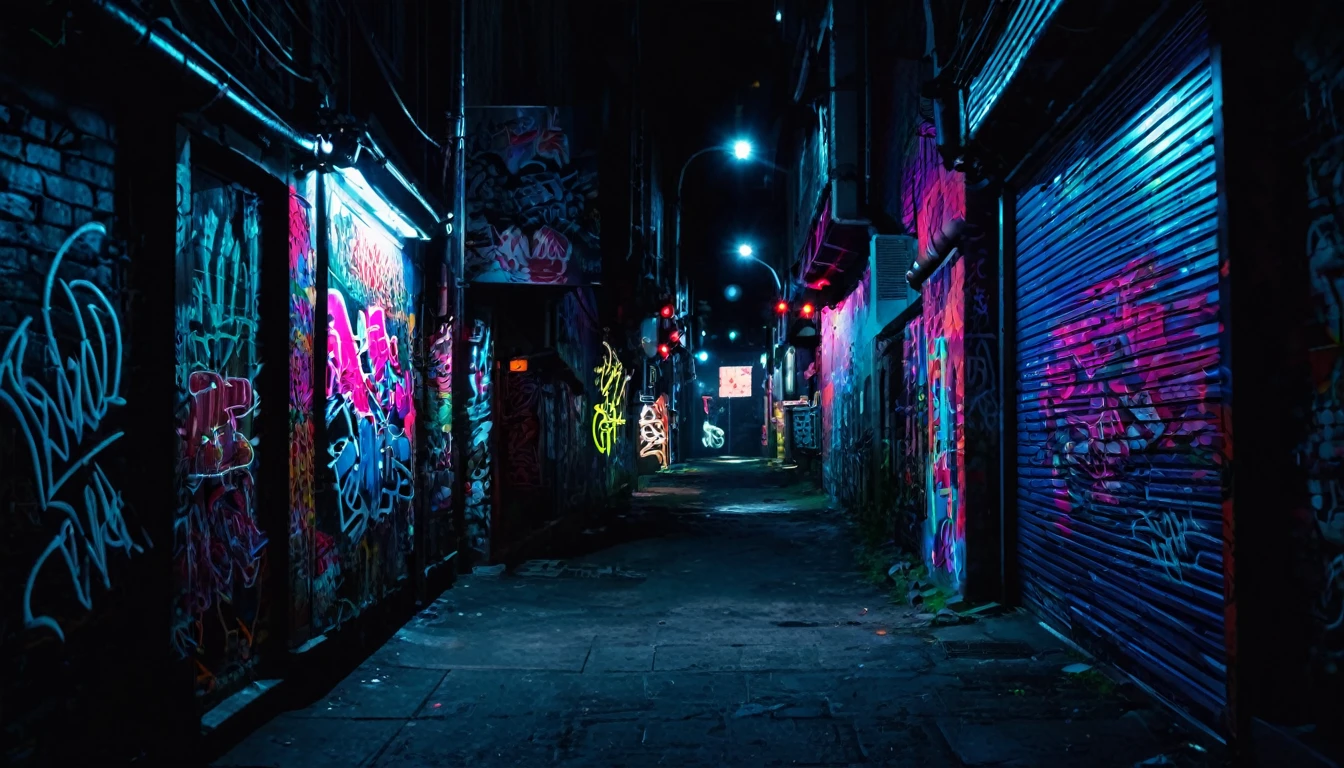 Dark alley with neon signs and graffiti