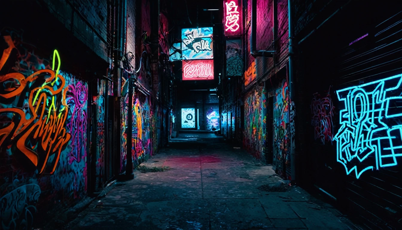 Dark alley with neon signs and graffiti
