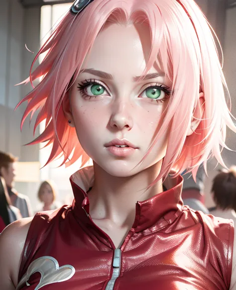 young woman, short shoulder-length pink hair, wide forehead, porcelain skin, pink eyebrows, big emerald green eyes, buttoned nos...