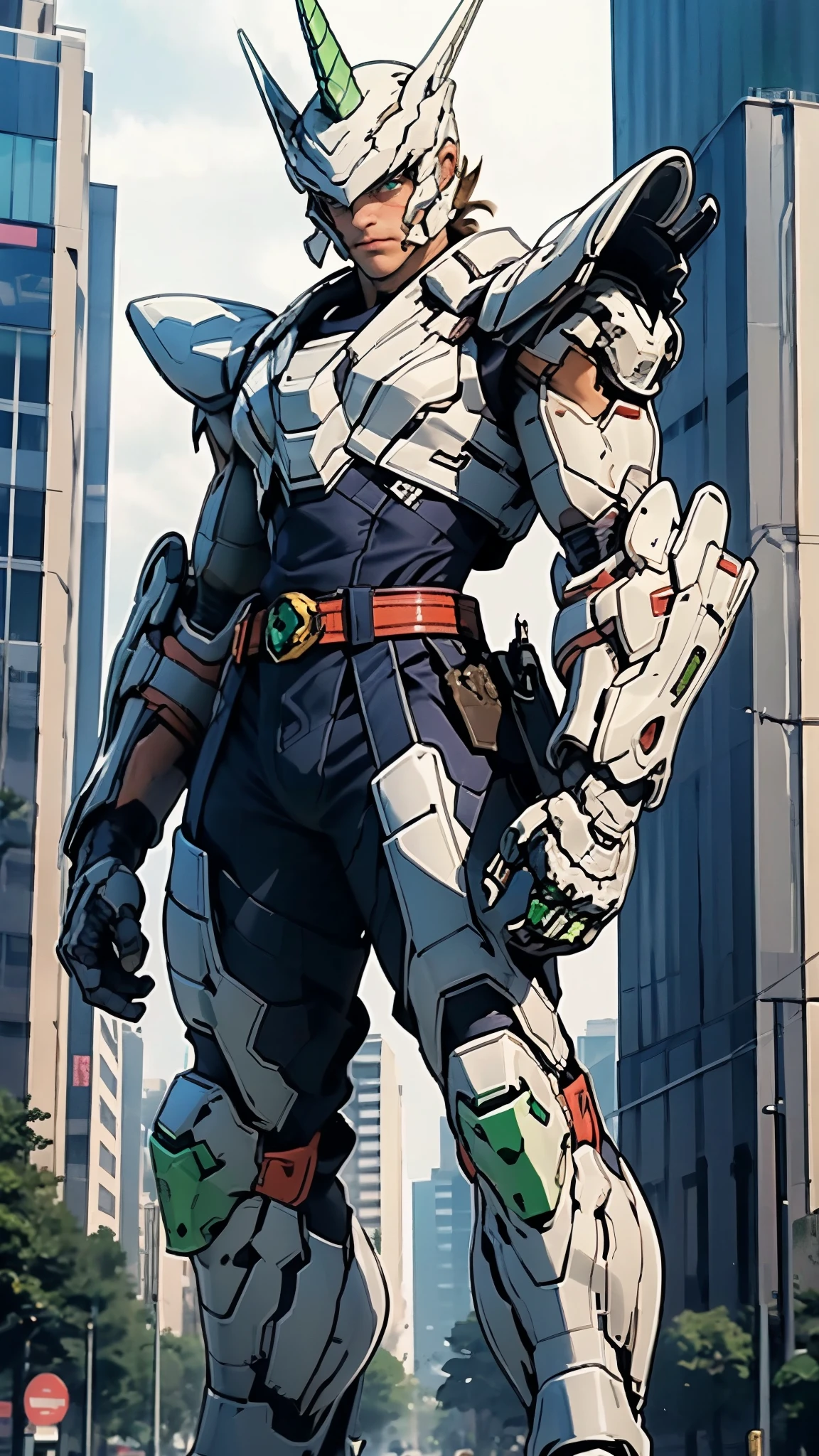 A man wearing a full-face helmet, a fantasy-style biotech armored combat suit, green eyes, (a composite layered chest armor), fully enclosed shoulder guards, matching arm and leg guards, the belt is adorned with Horseshoe-shaped marker, (the color scheme is primarily white with green accents), the design balances heavy with agility, a high-tech bio-mecha armor, (Armor Concept Inspired by Unicorn, stand on the top of a skyscraper in a futuristic sci-fi city), this character embodies a finely crafted fantasy-surreal style armored hero in anime style, exquisite and mature manga art style, (battle damage, element, plasma, energy, the armor glows), ((male:1.5)), metallic, real texture material, dramatic, high definition, best quality, highres, ultra-detailed, ultra-fine painting, extremely delicate, professional, perfect body proportions, golden ratio, anatomically correct, symmetrical face, extremely detailed eyes and face, high quality eyes, creativity, RAW photo, UHD, 32k, Natural light, cinematic lighting, masterpiece-anatomy-perfect, masterpiece:1.5