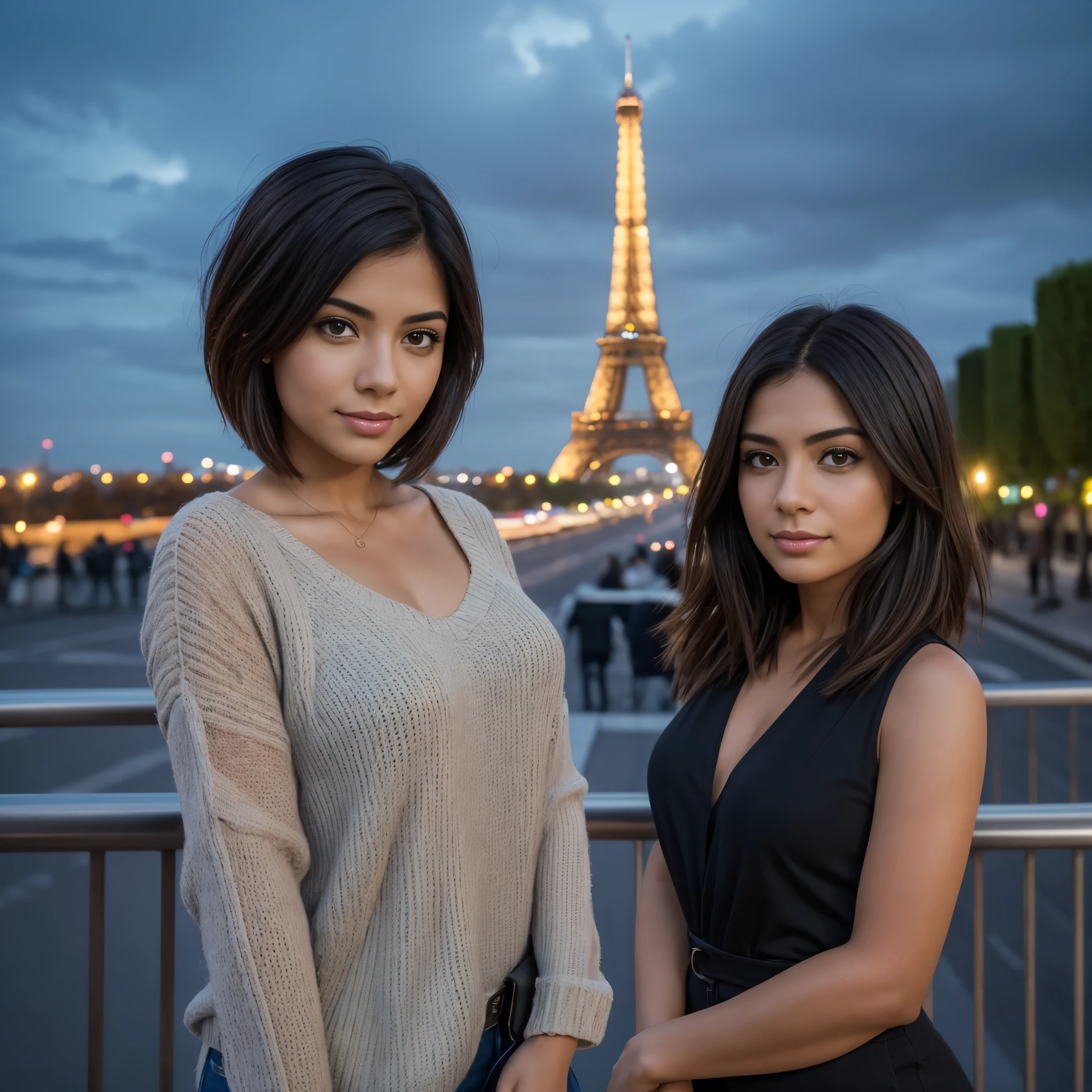 VISION RÉALISTE 1.4MEILLEUR VAE, sur le visage d&#39;une jeune femme latine, 2, aux cheveux courts ébouriffés, Tour Eiffel, Paris 8K, netteté, bonne exposition, nuit, ISO 1000, 1/250s, Lumière naturelle, Adobe Lightroom, laboratoire photo, photo d&#39;affinité, PhotoDirecteur 365