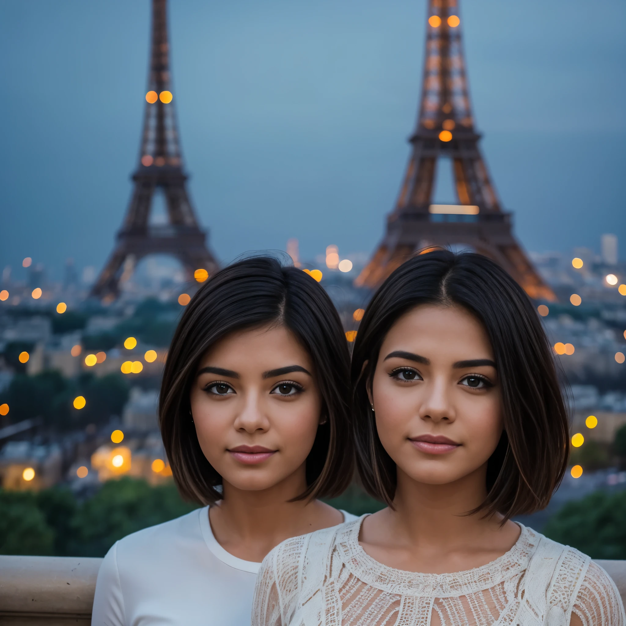 VISION RÉALISTE 1.4MEILLEUR VAE, sur le visage d&#39;une jeune femme latine, 2, aux cheveux courts ébouriffés, Tour Eiffel, Paris 8K, netteté, bonne exposition, nuit, ISO 1000, 1/250s, Lumière naturelle, Adobe Lightroom, laboratoire photo, photo d&#39;affinité, PhotoDirecteur 365