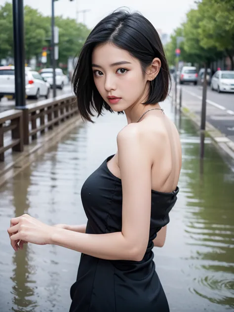 Arapei asian woman posing for photo in black dress, beautiful asian girl, xisen wu, asian girl, korean girl, girl cute thin face...