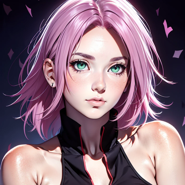 young woman, short shoulder-length pink hair, wide forehead, porcelain skin, pink eyebrows, big emerald green eyes, buttoned nose, full lips, heart-shaped face, slender body, small breasts, red tank top, Sakura Haruno , realistic, realism, details, 3d, well detailed
