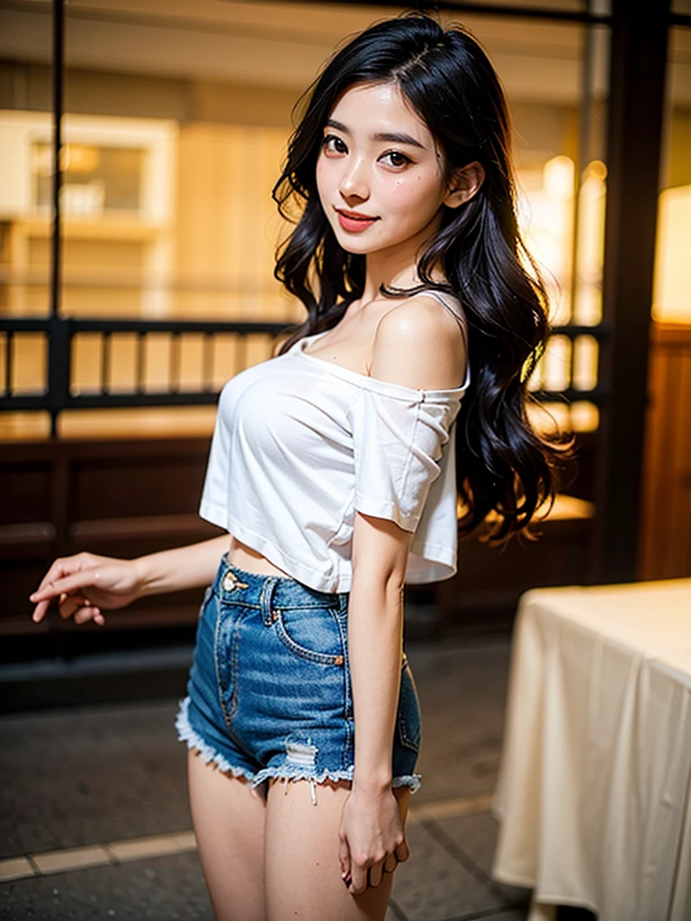 film photography, 1girl, t-shirt, denim shorts, standing, seductive smile, medium breast, full body, drunk blush:1.5, black wavy shoulder-length hair, serene, calm, (realistic detailed eyes, natural skin texture, realistic face details), soft dramatic lighting, depth of field, bokeh, vibrant details, finely detailed, hyperrealistic