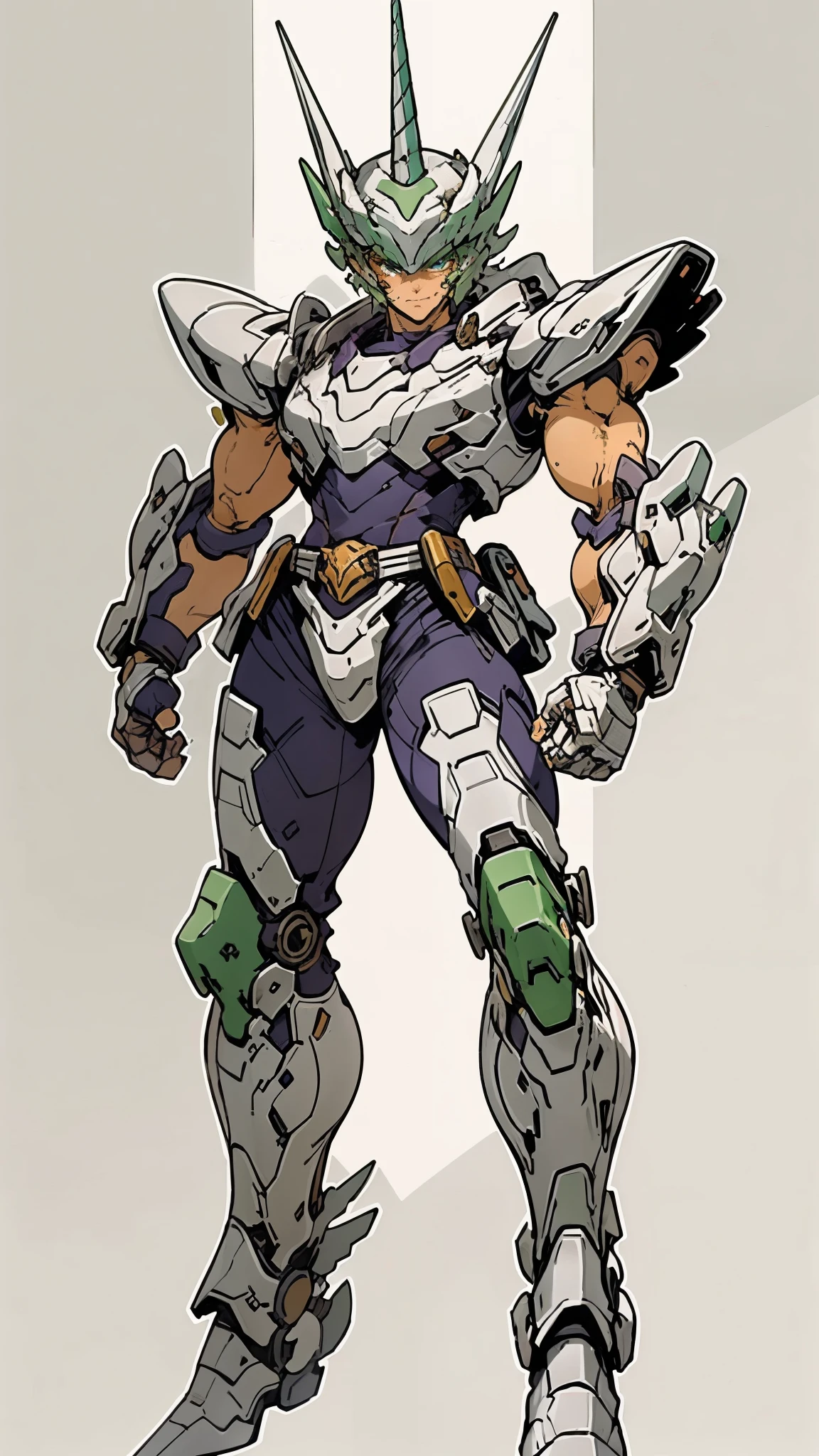 A man wearing a full-face helmet, a fantasy-style biotech armored combat suit, green eyes, (a composite layered chest armor), fully enclosed shoulder guards, matching arm and leg guards, the belt is adorned with Horseshoe-shaped marker, (the color scheme is primarily white with green accents), the design balances heavy with agility, a high-tech bio-mecha armor, (Armor Concept Inspired by Unicorn, stand on the top of a skyscraper in a futuristic sci-fi city), this character embodies a finely crafted fantasy-surreal style armored hero in anime style, exquisite and mature manga art style, (battle damage, element, plasma, energy, the armor glows), ((male:1.5)), metallic, real texture material, dramatic, high definition, best quality, highres, ultra-detailed, ultra-fine painting, extremely delicate, professional, perfect body proportions, golden ratio, anatomically correct, symmetrical face, extremely detailed eyes and face, high quality eyes, creativity, RAW photo, UHD, 32k, Natural light, cinematic lighting, masterpiece-anatomy-perfect, masterpiece:1.5