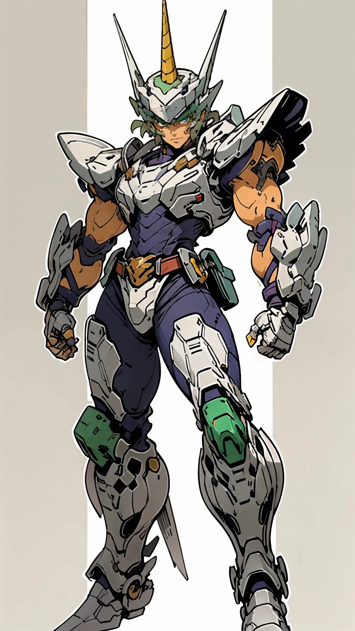 A man wearing a full-face helmet, a fantasy-style biotech armored combat suit, green eyes, (a composite layered chest armor), fully enclosed shoulder guards, matching arm and leg guards, the belt is adorned with Horseshoe-shaped marker, (the color scheme is primarily white with green accents), the design balances heavy with agility, a high-tech bio-mecha armor, (Armor Concept Inspired by Unicorn, stand on the top of a skyscraper in a futuristic sci-fi city), this character embodies a finely crafted fantasy-surreal style armored hero in anime style, exquisite and mature manga art style, (battle damage, element, plasma, energy, the armor glows), ((male:1.5)), metallic, real texture material, dramatic, high definition, best quality, highres, ultra-detailed, ultra-fine painting, extremely delicate, professional, perfect body proportions, golden ratio, anatomically correct, symmetrical face, extremely detailed eyes and face, high quality eyes, creativity, RAW photo, UHD, 32k, Natural light, cinematic lighting, masterpiece-anatomy-perfect, masterpiece:1.5