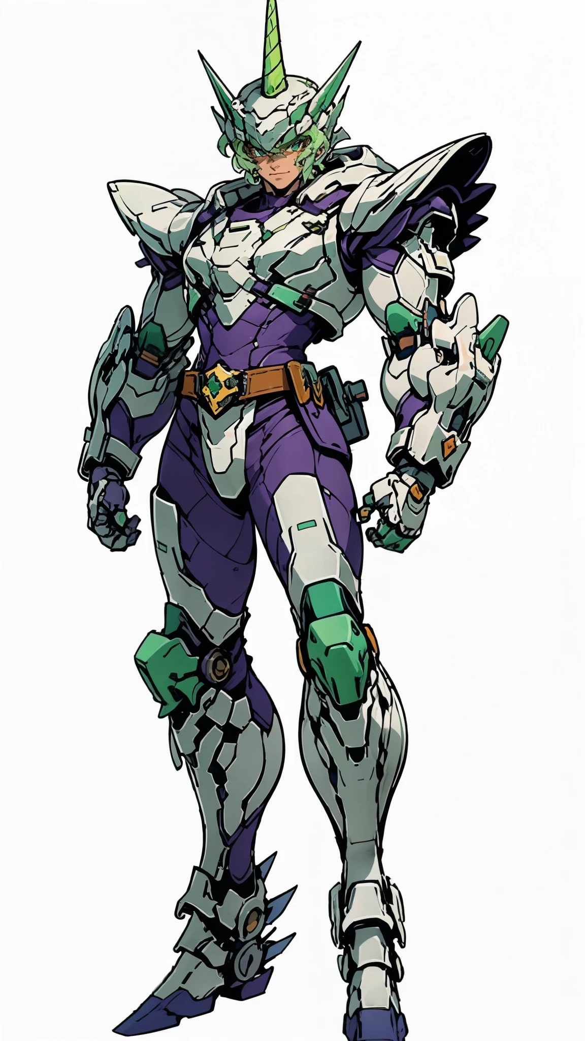 A man wearing a full-face helmet, a fantasy-style biotech armored combat suit, green eyes, (a composite layered chest armor), fully enclosed shoulder guards, matching arm and leg guards, the belt is adorned with Horseshoe-shaped marker, (the color scheme is primarily white with green accents), the design balances heavy with agility, a high-tech bio-mecha armor, (Armor Concept Inspired by Unicorn, stand on the top of a skyscraper in a futuristic sci-fi city), this character embodies a finely crafted fantasy-surreal style armored hero in anime style, exquisite and mature manga art style, (battle damage, element, plasma, energy, the armor glows), ((male:1.5)), metallic, real texture material, dramatic, high definition, best quality, highres, ultra-detailed, ultra-fine painting, extremely delicate, professional, perfect body proportions, golden ratio, anatomically correct, symmetrical face, extremely detailed eyes and face, high quality eyes, creativity, RAW photo, UHD, 32k, Natural light, cinematic lighting, masterpiece-anatomy-perfect, masterpiece:1.5