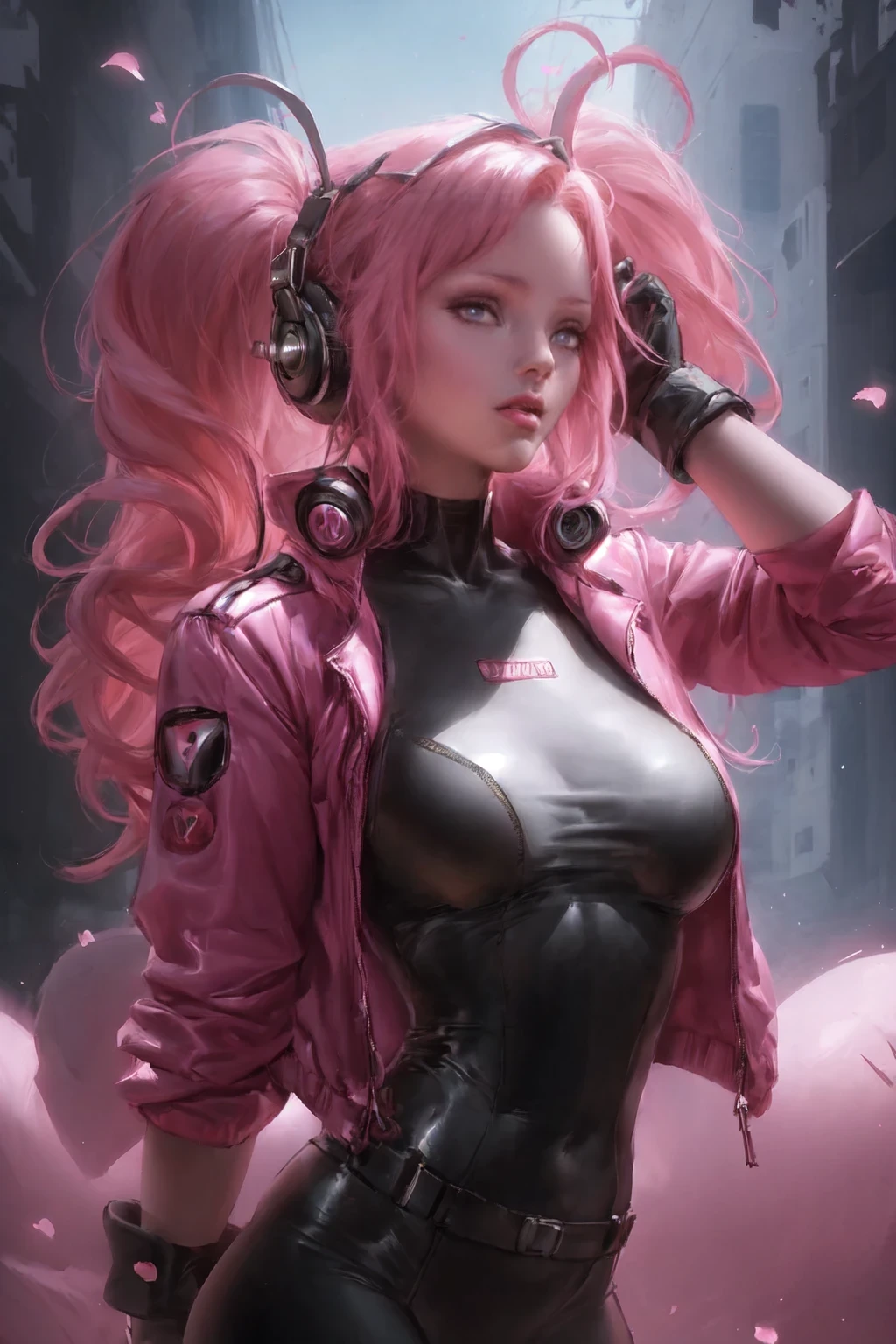 1girl, arms up, bangs, bodysuit, breasts, covered navel, cropped jacket, gloves, headphones, impossible bodysuit, jacket, large breasts, long hair, long sleeves, looking at viewer, lying, medium breasts, on back, parted lips, pink bodysuit, pink eyes, pink hair, puffy sleeves, red jacket, shrug \(clothing\), skin tight, solo, twintails,alice \(nikke\),(masterpiece:1.4),(best quality:1.4),(shiny skin),realistic，