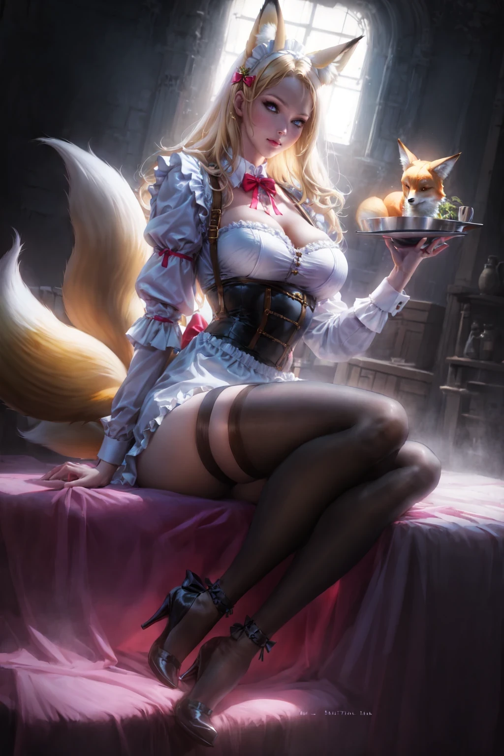 1girl,animal_ears,tail,maid_headdress,white_legwear,maid,breasts,pillow,blonde_hair,fox_tail,long_hair,tray,bow,fox_ears,solo,apron,pantyhose,large_breasts,puffy_sleeves,sitting,looking_at_viewer,high_heels,frills,wariza,maid_apron,long_sleeves