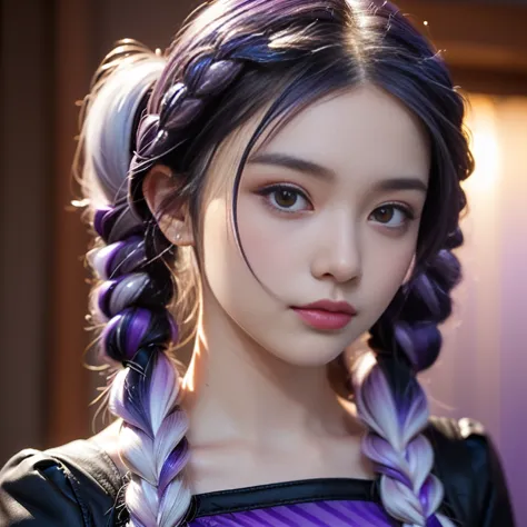 Inji、One extremely beautiful girl and one male android、(White and purple gradient_Her hair is flowing in twin braids as long as ...