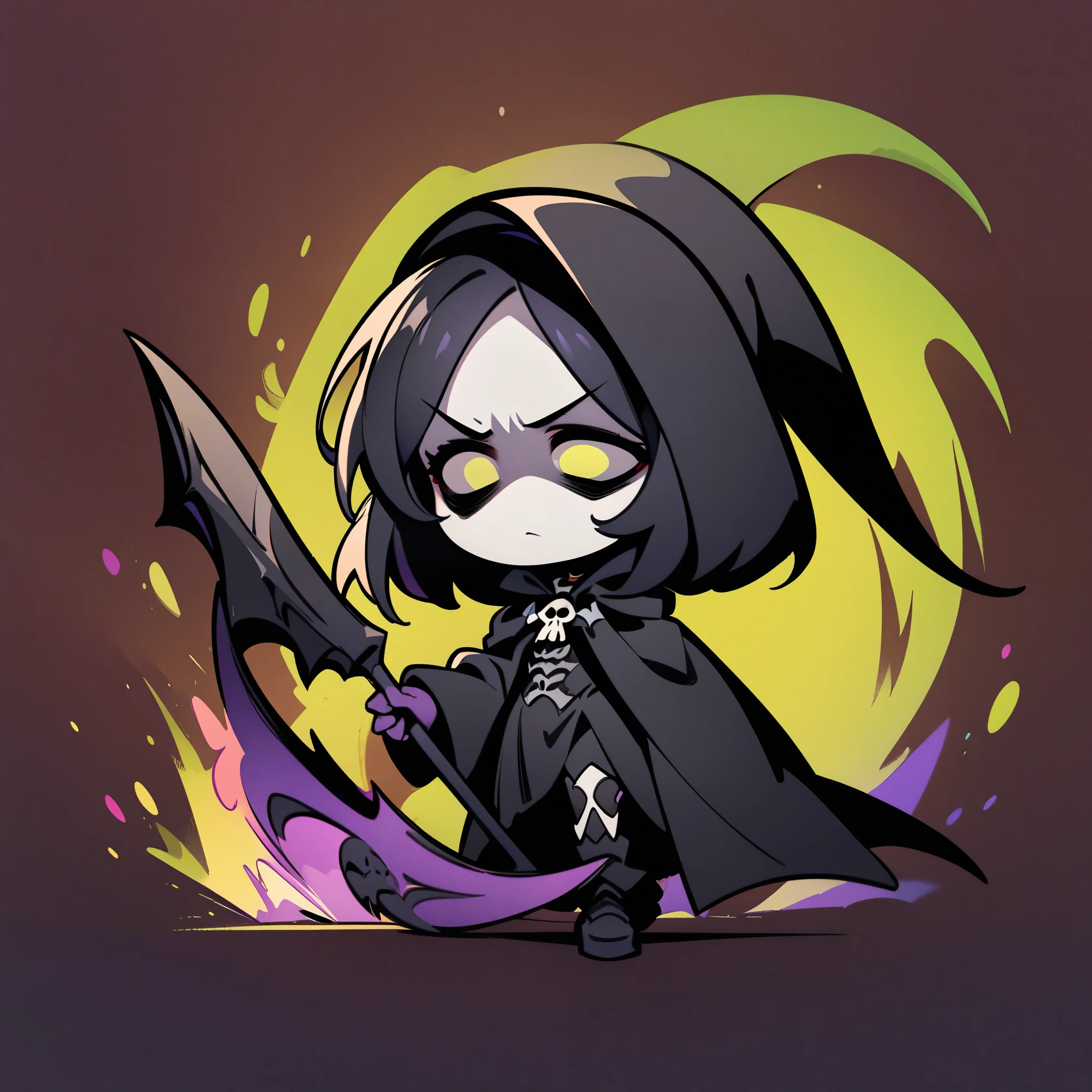 (high quality, 8k, 4K, Deformation, High Contrast, masterpiece:1.2, 最high quality, Best aesthetics), ((Black Death:1.1)), Little, Littleキャラ, well balanced, Well-balanced, (((Female Grim Reaper holding a scythe:1.4))), Long black hair, Black Legal Uniform, Pale skin, Death Female, Cute Shinigami, (crazy smile:1.6), Cute art, Fancy, Solid color background, Ultra-fine Illustration.