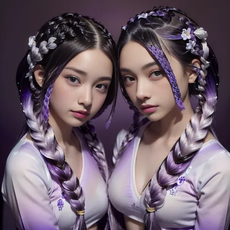 One extremely beautiful girl and one male android、(Purple and white gradient_Her hair is flowing in twin braids as long as her h...