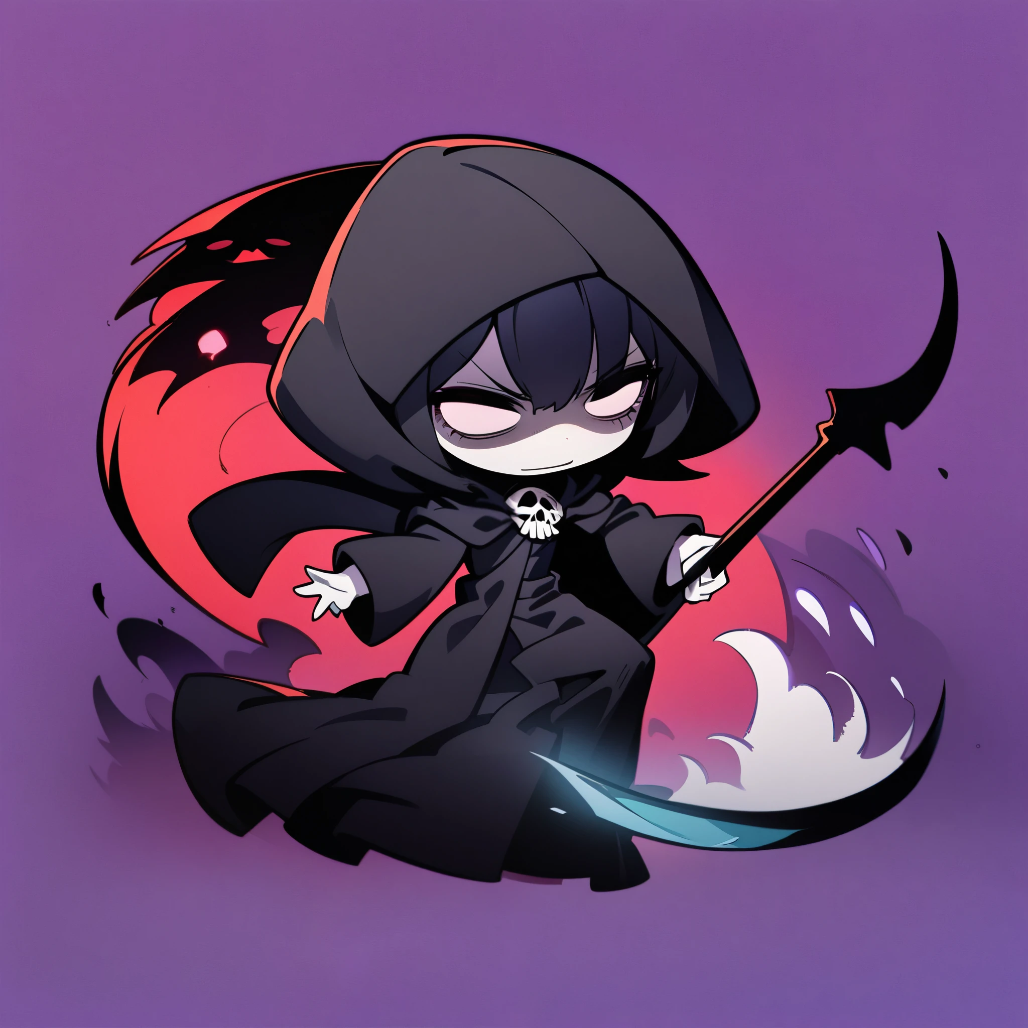 (high quality, 8k, 4K, Deformation, High Contrast, masterpiece:1.2, 最high quality, Best aesthetics), ((Black Death:1.1)), Little, Littleキャラ, well balanced, Well-balanced, (((Female Grim Reaper holding a scythe:1.4))), Long black hair, Black Legal Uniform, Pale skin, Death Female, Cute Shinigami, (crazy smile:1.6), Cute art, Fancy, Solid color background, Ultra-fine Illustration.