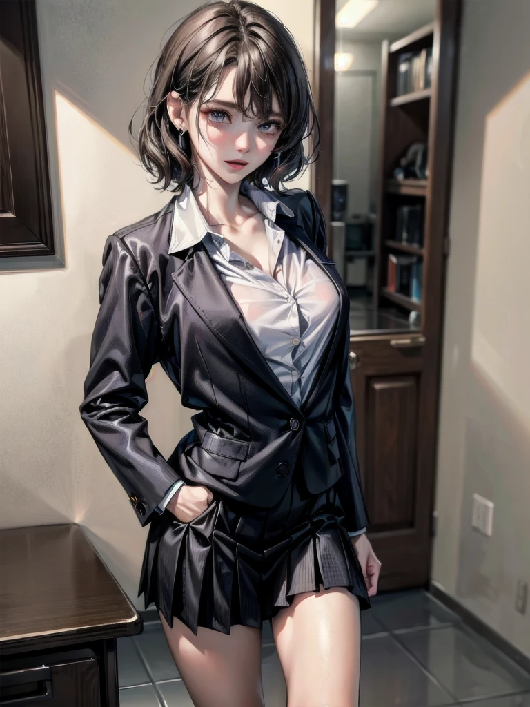 school_uniform, blazer, absurdres, RAW photo, extremely delicate and beautiful, masterpiece, Best Quality, ultra high resolution, 32k, hyperrealistic, ultra-detailed, detailed description, pale skin, 20 years old, tearful mole, earring, short medium hair, wavy hair, whole body shot,