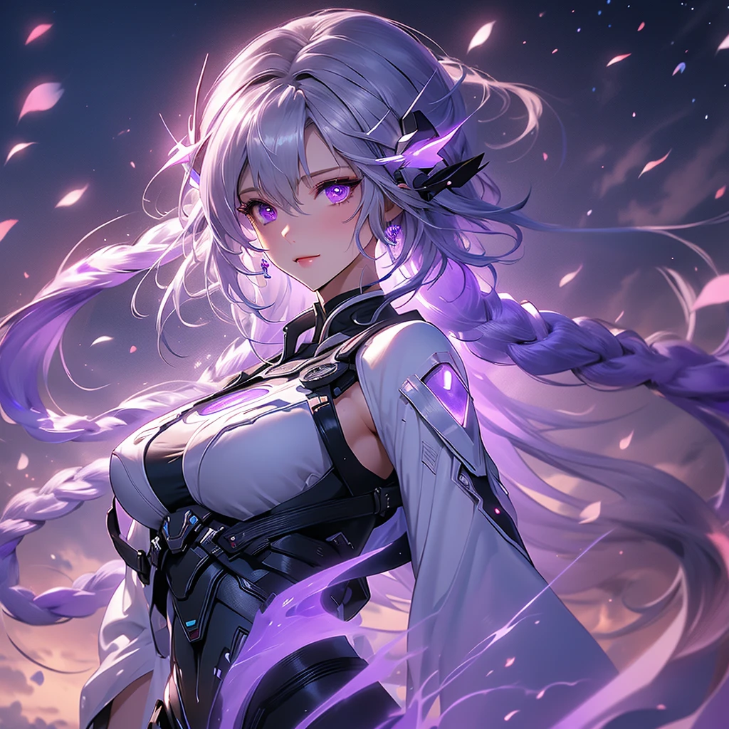 nature, Sky, cloud, Delicate petals falling in the air ,Ultra Detailed ， yinji , 1 Girl, purple hair,purple eyes,very long hair,grey hair,double braid,large breasts,gradient hair, Look up at the sky and smile, Beautiful Face, masterpiece, best quality, (Highly detailed CG Unity 8k wallpaper) (best quality), (Best Illustration),
