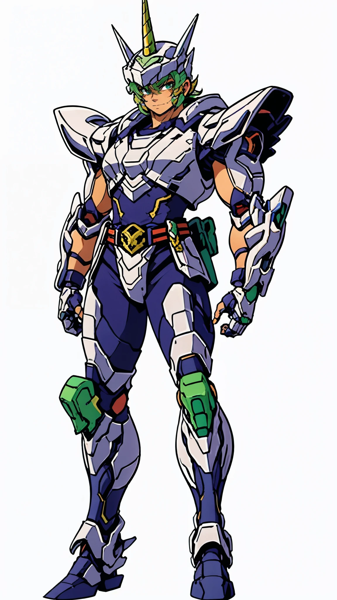 A man wearing a full-face helmet, a fantasy-style biotech armored combat suit, green eyes, (a composite layered chest armor), fully enclosed shoulder guards, matching arm and leg guards, the belt is adorned with Horseshoe-shaped marker, (the color scheme is primarily white with green accents), the design balances heavy with agility, a high-tech bio-mecha armor, (Armor Concept Inspired by Unicorn, stand on the top of a skyscraper in a futuristic sci-fi city), this character embodies a finely crafted fantasy-surreal style armored hero in anime style, exquisite and mature manga art style, (battle damage, element, plasma, energy, the armor glows), ((male:1.5)), metallic, real texture material, dramatic, high definition, best quality, highres, ultra-detailed, ultra-fine painting, extremely delicate, professional, perfect body proportions, golden ratio, anatomically correct, symmetrical face, extremely detailed eyes and face, high quality eyes, creativity, RAW photo, UHD, 32k, Natural light, cinematic lighting, masterpiece-anatomy-perfect, masterpiece:1.5