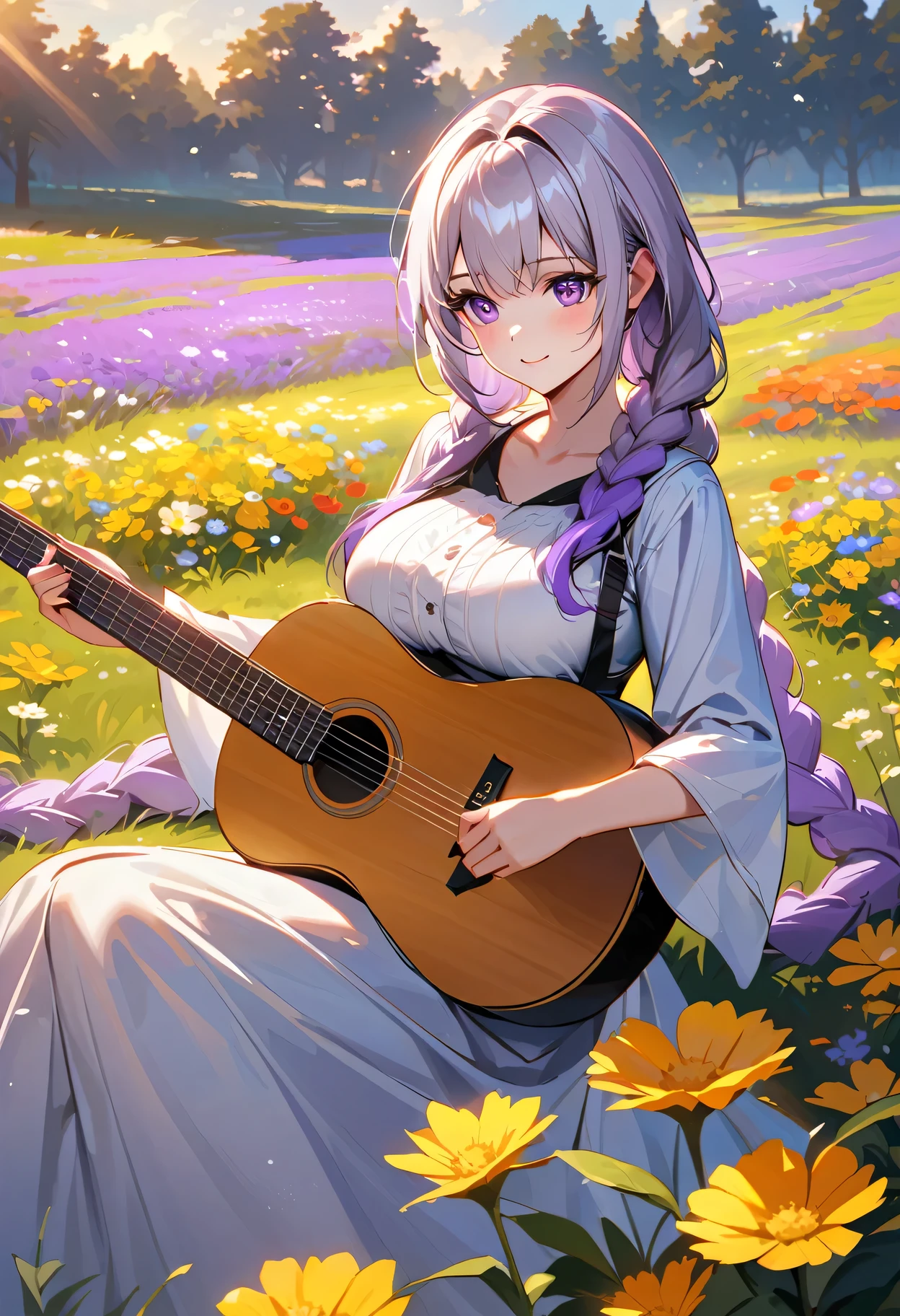 Evening sunset,A girl sitting on a vast field playing the guitar,yinji , purple hair,purple eyes,very long hair,grey hair,double braid,large breasts,gradient hair, Smile, Beautiful Face,The golden sunlight softly illuminates her face, highlighting her delicate features. The field is filled with colorful wildflowers, swaying gently in the breeze:1.1 vibrant red poppies, elegant purple lavender, and delicate yellow daisies. The girl's fingers gracefully glide along the guitar strings, producing melodic tunes that harmonize with the peaceful ambiance of nature. Her music resonates with the beauty of the surrounding landscape, creating a serene and captivating atmosphere. The warm sunlight casts long shadows on the ground, adding depth and dimension to the scene. The overall composition exudes a sense of tranquility and artistic elegance, capturing the essence of a poetic moment in time.