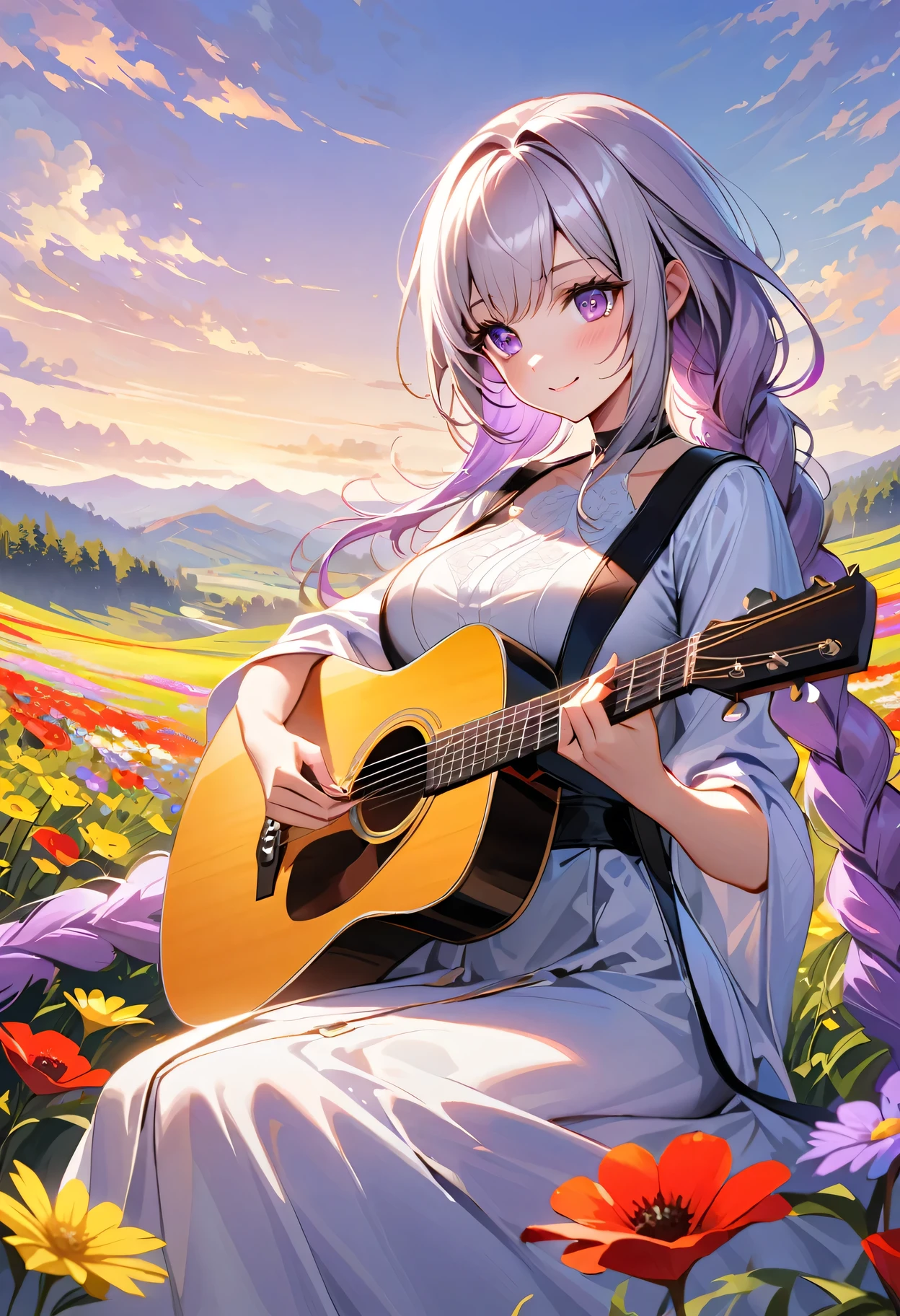 Evening sunset,A girl sitting on a vast field playing the guitar,yinji , purple hair,purple eyes,very long hair,grey hair,double braid,large breasts,gradient hair, Smile, Beautiful Face,The golden sunlight softly illuminates her face, highlighting her delicate features. The field is filled with colorful wildflowers, swaying gently in the breeze:1.1 vibrant red poppies, elegant purple lavender, and delicate yellow daisies. The girl's fingers gracefully glide along the guitar strings, producing melodic tunes that harmonize with the peaceful ambiance of nature. Her music resonates with the beauty of the surrounding landscape, creating a serene and captivating atmosphere. The warm sunlight casts long shadows on the ground, adding depth and dimension to the scene. The overall composition exudes a sense of tranquility and artistic elegance, capturing the essence of a poetic moment in time.
