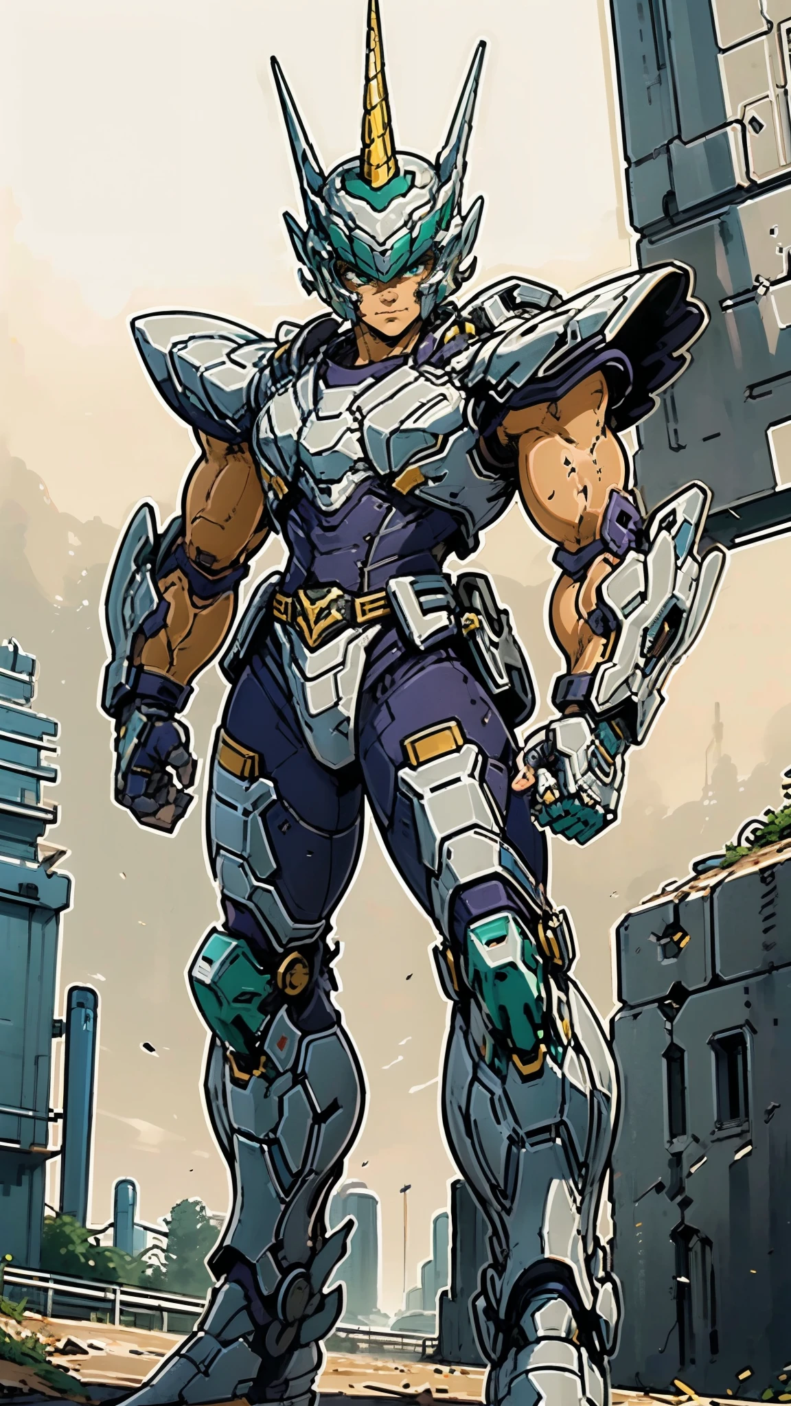 A man wearing a full-face helmet, a fantasy-style biotech armored combat suit, green eyes, (a composite layered chest armor), fully enclosed shoulder guards, matching arm and leg guards, the belt is adorned with Horseshoe-shaped marker, (the color scheme is primarily white with green accents), the design balances heavy with agility, a high-tech bio-mecha armor, (Armor Concept Inspired by Unicorn, stand on the top of a skyscraper in a futuristic sci-fi city), this character embodies a finely crafted fantasy-surreal style armored hero in anime style, exquisite and mature manga art style, (battle damage, element, plasma, energy, the armor glows), ((male:1.5)), metallic, real texture material, dramatic, high definition, best quality, highres, ultra-detailed, ultra-fine painting, extremely delicate, professional, perfect body proportions, golden ratio, anatomically correct, symmetrical face, extremely detailed eyes and face, high quality eyes, creativity, RAW photo, UHD, 32k, Natural light, cinematic lighting, masterpiece-anatomy-perfect, masterpiece:1.5