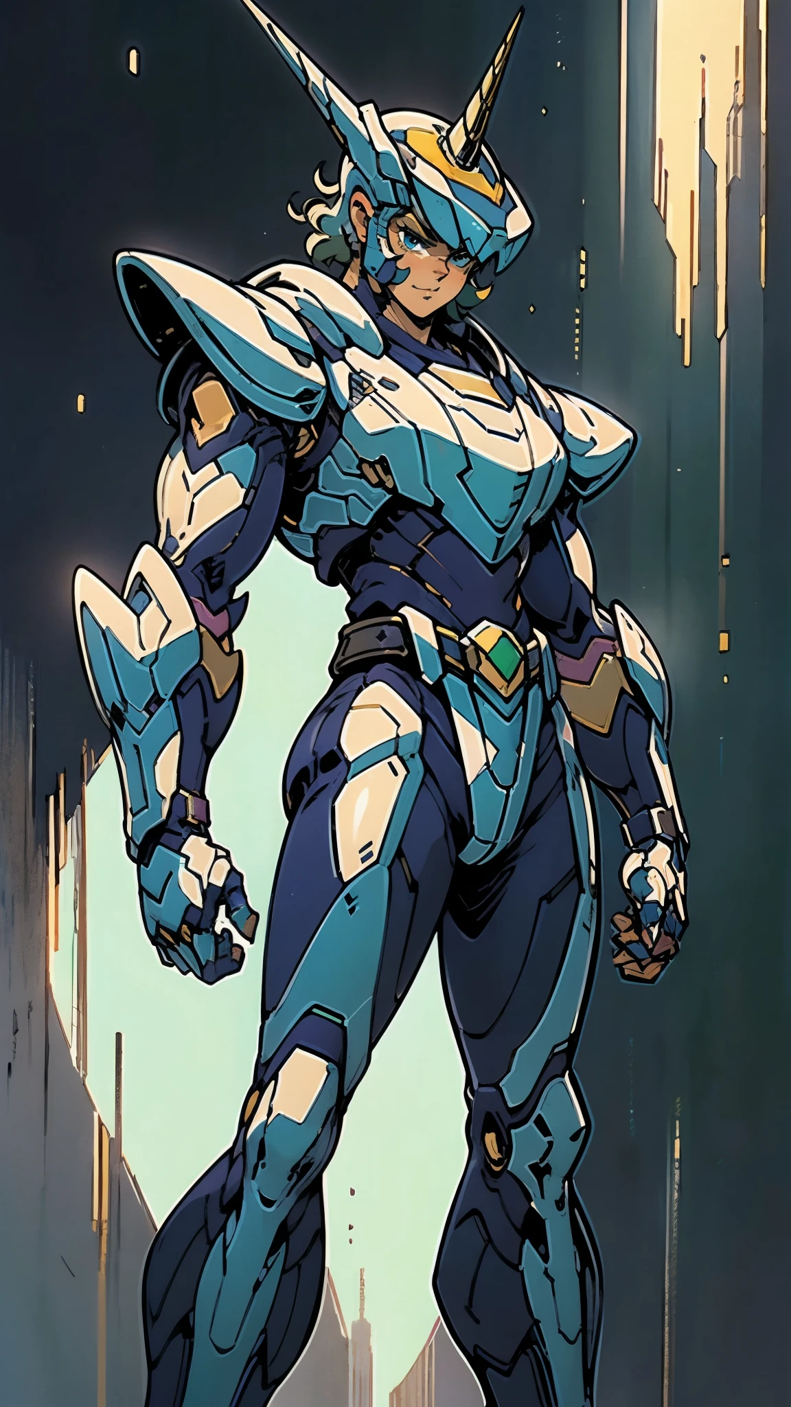 A man wearing a full-face helmet, a fantasy-style biotech armored combat suit, green eyes, (a composite layered chest armor), fully enclosed shoulder guards, matching arm and leg guards, the belt is adorned with Horseshoe-shaped marker, (the color scheme is primarily white with green accents), the design balances heavy with agility, a high-tech bio-mecha armor, (Armor Concept Inspired by Unicorn, stand on the top of a skyscraper in a futuristic sci-fi city), this character embodies a finely crafted fantasy-surreal style armored hero in anime style, exquisite and mature manga art style, (battle damage, element, plasma, energy, the armor glows), ((male:1.5)), metallic, real texture material, dramatic, high definition, best quality, highres, ultra-detailed, ultra-fine painting, extremely delicate, professional, perfect body proportions, golden ratio, anatomically correct, symmetrical face, extremely detailed eyes and face, high quality eyes, creativity, RAW photo, UHD, 32k, Natural light, cinematic lighting, masterpiece-anatomy-perfect, masterpiece:1.5