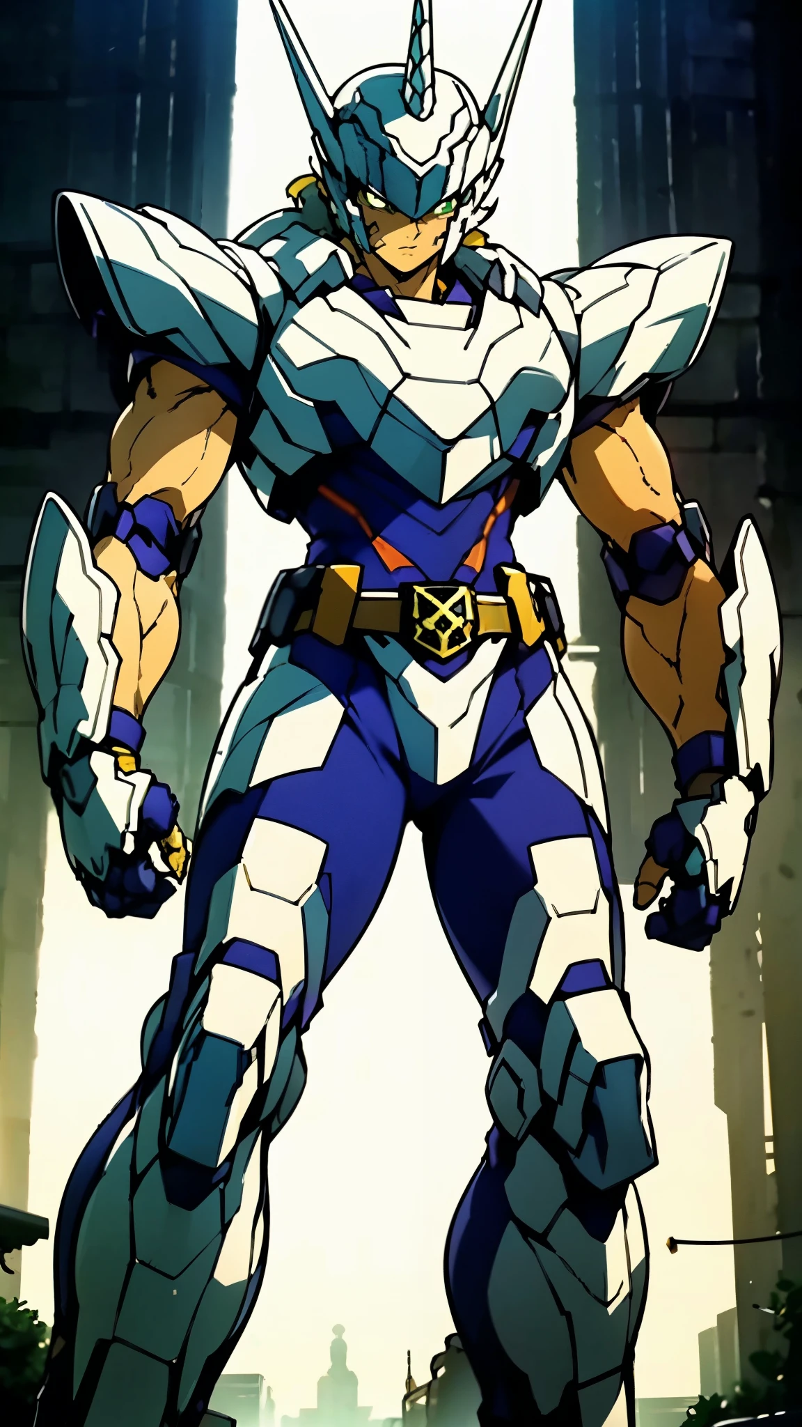 A man wearing a full-face helmet, a fantasy-style biotech armored combat suit, green eyes, (a composite layered chest armor), fully enclosed shoulder guards, matching arm and leg guards, the belt is adorned with Horseshoe-shaped marker, (the color scheme is primarily white with green accents), the design balances heavy with agility, a high-tech bio-mecha armor, (Armor Concept Inspired by Unicorn, stand on the top of a skyscraper in a futuristic sci-fi city), this character embodies a finely crafted fantasy-surreal style armored hero in anime style, exquisite and mature manga art style, (battle damage, element, plasma, energy, the armor glows), ((male:1.5)), metallic, real texture material, dramatic, high definition, best quality, highres, ultra-detailed, ultra-fine painting, extremely delicate, professional, perfect body proportions, golden ratio, anatomically correct, symmetrical face, extremely detailed eyes and face, high quality eyes, creativity, RAW photo, UHD, 32k, Natural light, cinematic lighting, masterpiece-anatomy-perfect, masterpiece:1.5