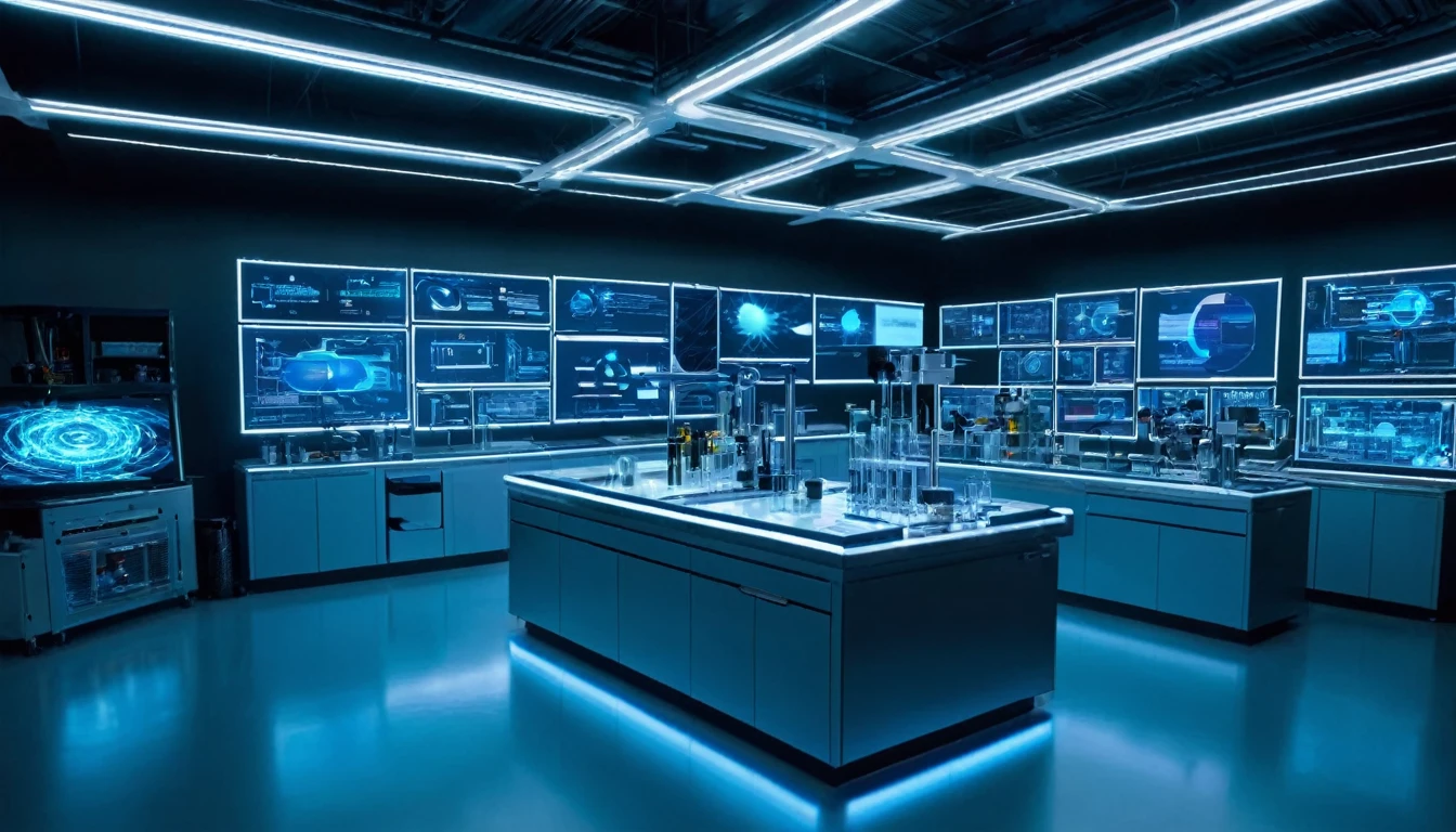 "High-tech laboratory with holographic displays"