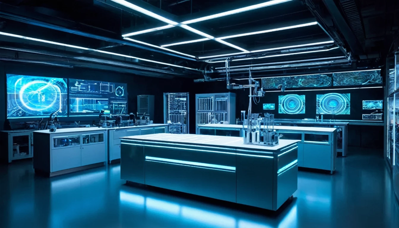 "High-tech laboratory with holographic displays"