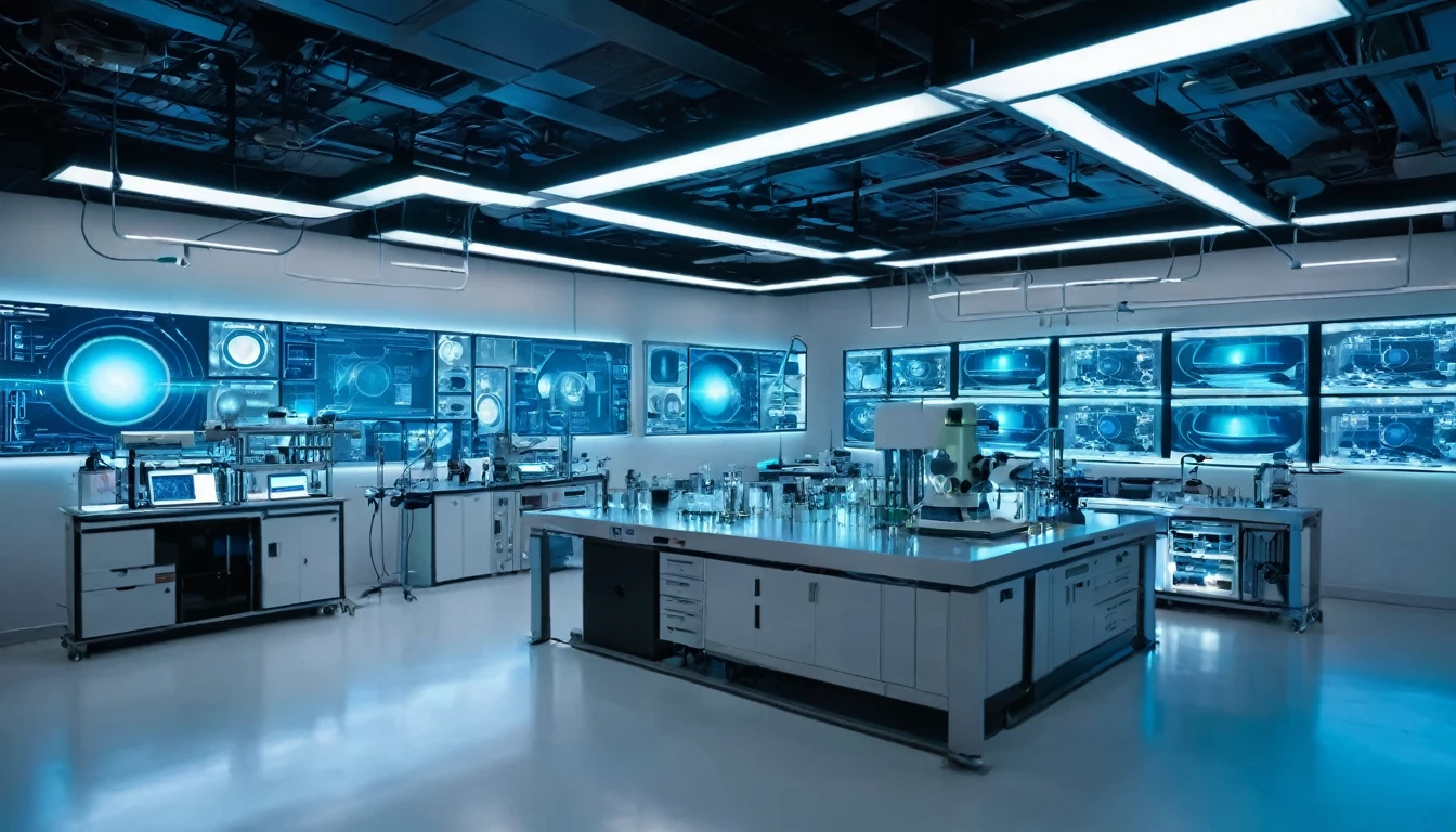 "High-tech laboratory with holographic displays"