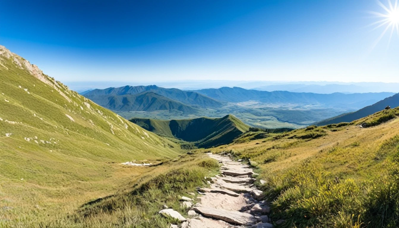 Mountain trail with panoramic views and a clear sky