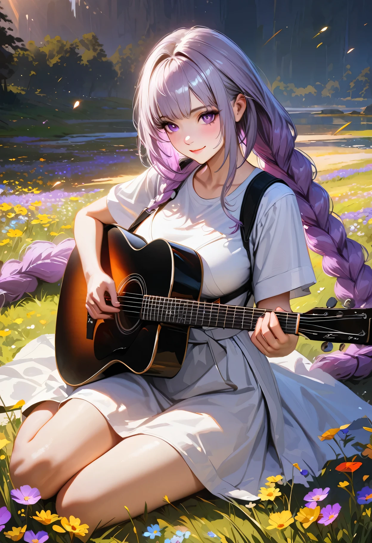 (best quality,4k,8k,highres,masterpiece:1.2),ultra-detailed,realistic:1.37, HDR,UHD,studio lighting,ultra-fine painting,sharp focus,physically-based rendering,extreme detail description,professional,vivid colors,bokeh,portraits

Evening sunset,A girl sitting on a vast field playing the guitar,yinji , purple hair,purple eyes,very long hair,grey hair,double braid,large breasts,gradient hair, Smile, Beautiful Face,The golden sunlight softly illuminates her face, highlighting her delicate features. The field is filled with colorful wildflowers, swaying gently in the breeze:1.1 vibrant red poppies, elegant purple lavender, and delicate yellow daisies. The girl's fingers gracefully glide along the guitar strings, producing melodic tunes that harmonize with the peaceful ambiance of nature. Her music resonates with the beauty of the surrounding landscape, creating a serene and captivating atmosphere. The warm sunlight casts long shadows on the ground, adding depth and dimension to the scene. The overall composition exudes a sense of tranquility and artistic elegance, capturing the essence of a poetic moment in time.