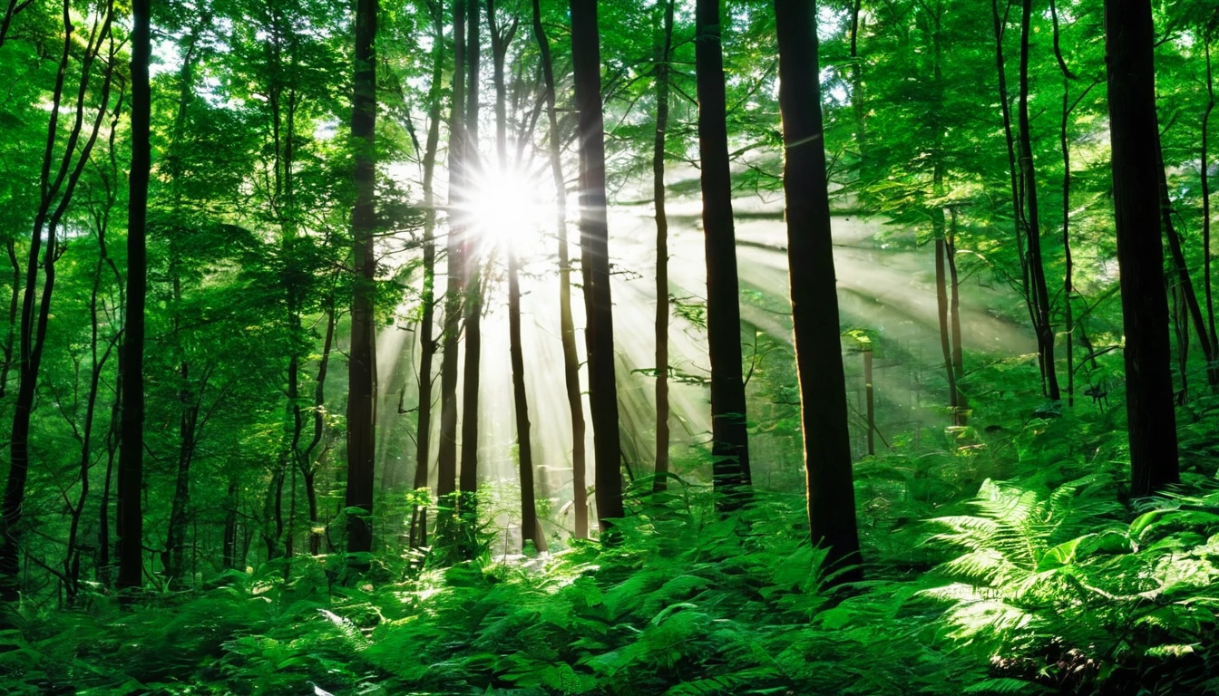 Dense forest with sunlight filtering through the trees