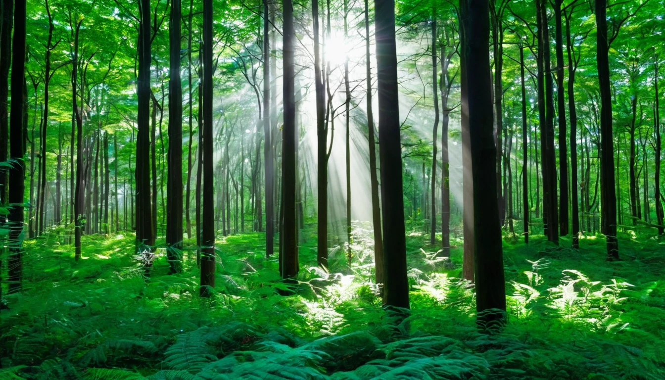 Dense forest with sunlight filtering through the trees