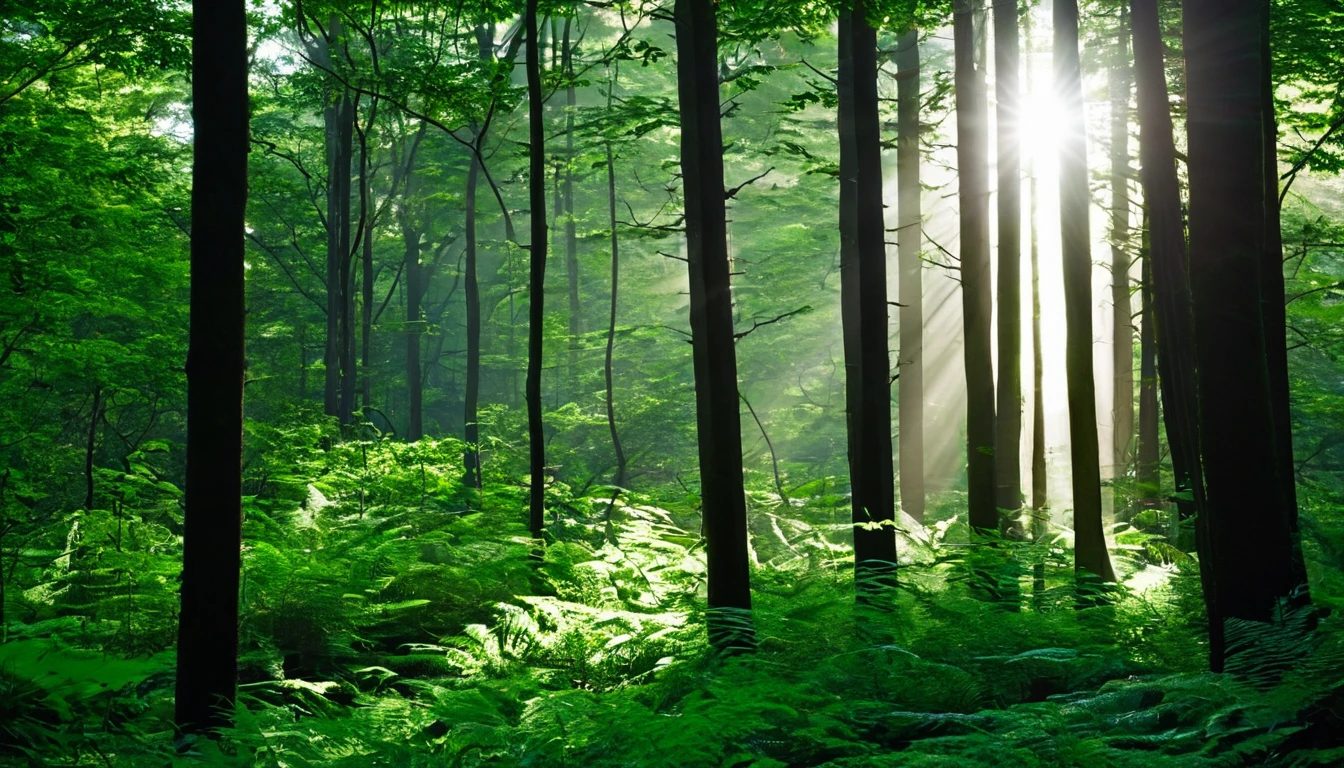 Dense forest with sunlight filtering through the trees