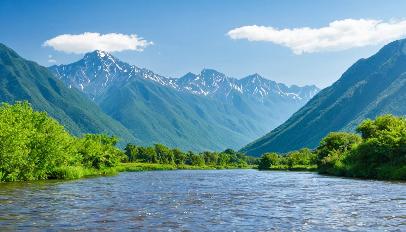 River or lake with mountains in the background