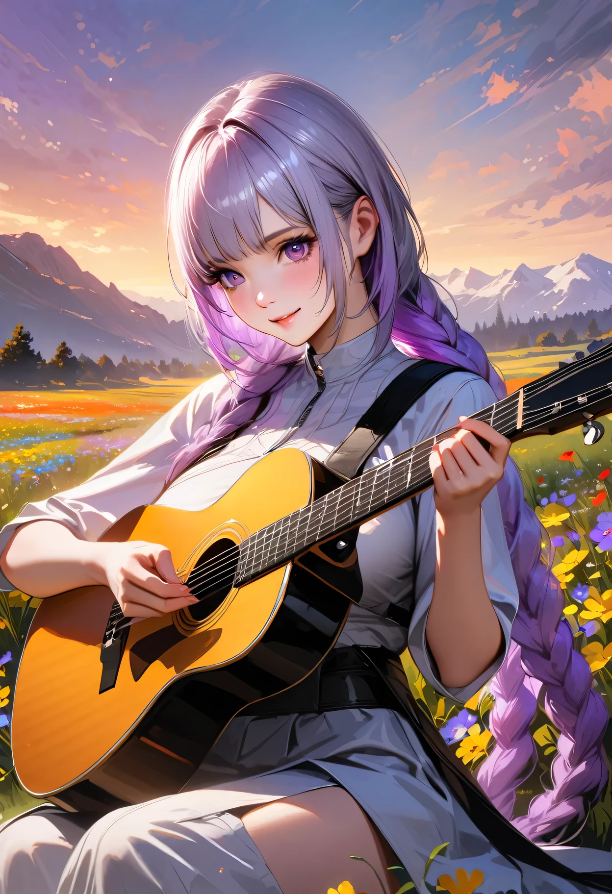 (best quality,4k,8k,highres,masterpiece:1.2),ultra-detailed,realistic:1.37, HDR,UHD,studio lighting,ultra-fine painting,sharp focus,physically-based rendering,extreme detail description,professional,vivid colors,bokeh,portraits

Evening sunset,A girl sitting on a vast field playing the guitar,yinji , purple hair,purple eyes,very long hair,grey hair,double braid,large breasts,gradient hair, Smile, Beautiful Face,The golden sunlight softly illuminates her face, highlighting her delicate features. The field is filled with colorful wildflowers, swaying gently in the breeze:1.1 vibrant red poppies, elegant purple lavender, and delicate yellow daisies. The girl's fingers gracefully glide along the guitar strings, producing melodic tunes that harmonize with the peaceful ambiance of nature. Her music resonates with the beauty of the surrounding landscape, creating a serene and captivating atmosphere. The warm sunlight casts long shadows on the ground, adding depth and dimension to the scene. The overall composition exudes a sense of tranquility and artistic elegance, capturing the essence of a poetic moment in time.