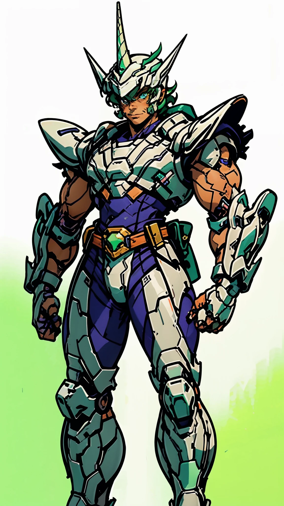 A man wearing a full-face helmet, a fantasy-style biotech armored combat suit, green eyes, (a composite layered chest armor), fully enclosed shoulder guards, matching arm and leg guards, the belt is adorned with Horseshoe-shaped marker, (the color scheme is primarily white with green accents), the design balances heavy with agility, a high-tech bio-mecha armor, (Armor Concept Inspired by Unicorn, stand on the top of a skyscraper in a futuristic sci-fi city), this character embodies a finely crafted fantasy-surreal style armored hero in anime style, exquisite and mature manga art style, (battle damage, element, plasma, energy, the armor glows), ((male:1.5)), metallic, real texture material, dramatic, high definition, best quality, highres, ultra-detailed, ultra-fine painting, extremely delicate, professional, perfect body proportions, golden ratio, anatomically correct, symmetrical face, extremely detailed eyes and face, high quality eyes, creativity, RAW photo, UHD, 32k, Natural light, cinematic lighting, masterpiece-anatomy-perfect, masterpiece:1.5