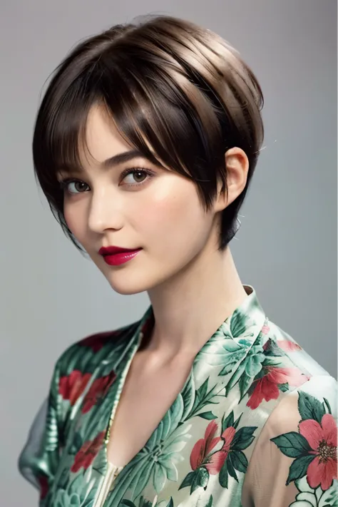 228 (20-year-old woman,floral clothes),  ((beautiful hairstyles 46)), ((short hair:1.46)),  (lipstick)