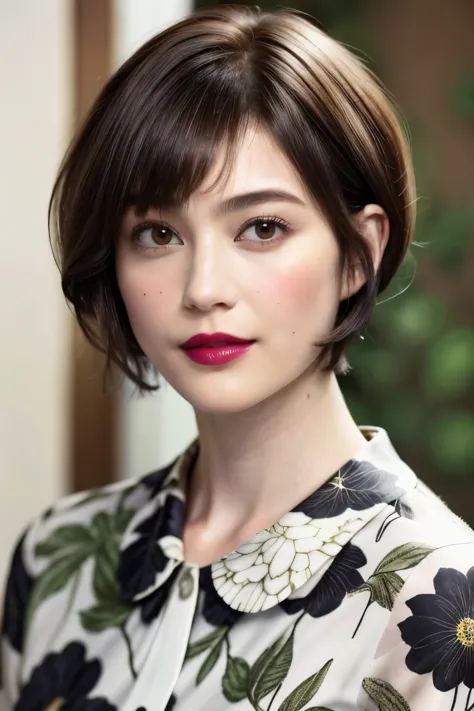 228 (20-year-old woman,floral clothes),  ((beautiful hairstyles 46)), ((short hair:1.46)),  (lipstick)