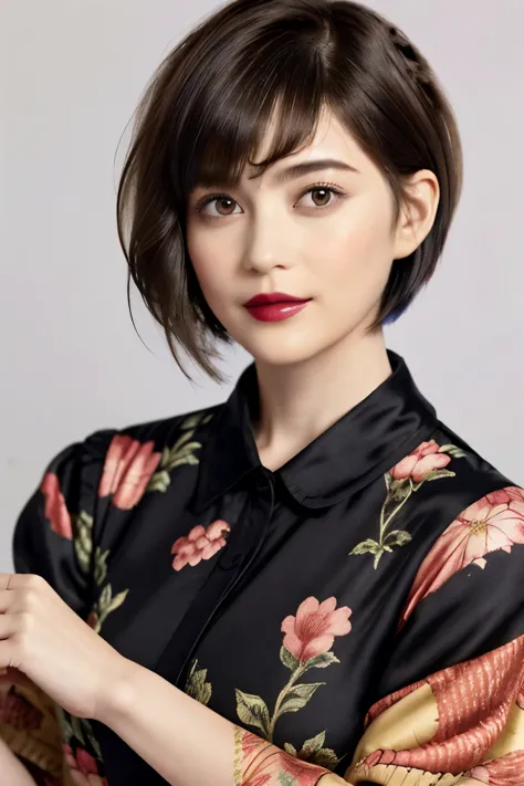 228 (20-year-old woman,floral clothes),  ((beautiful hairstyles 46)), ((short hair:1.46)),  (lipstick)